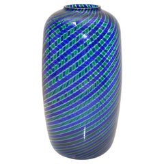 Venini Bulgarov 1970 Blau & Grün gestreiftes geblasenes Murano Glas Vase, Italien