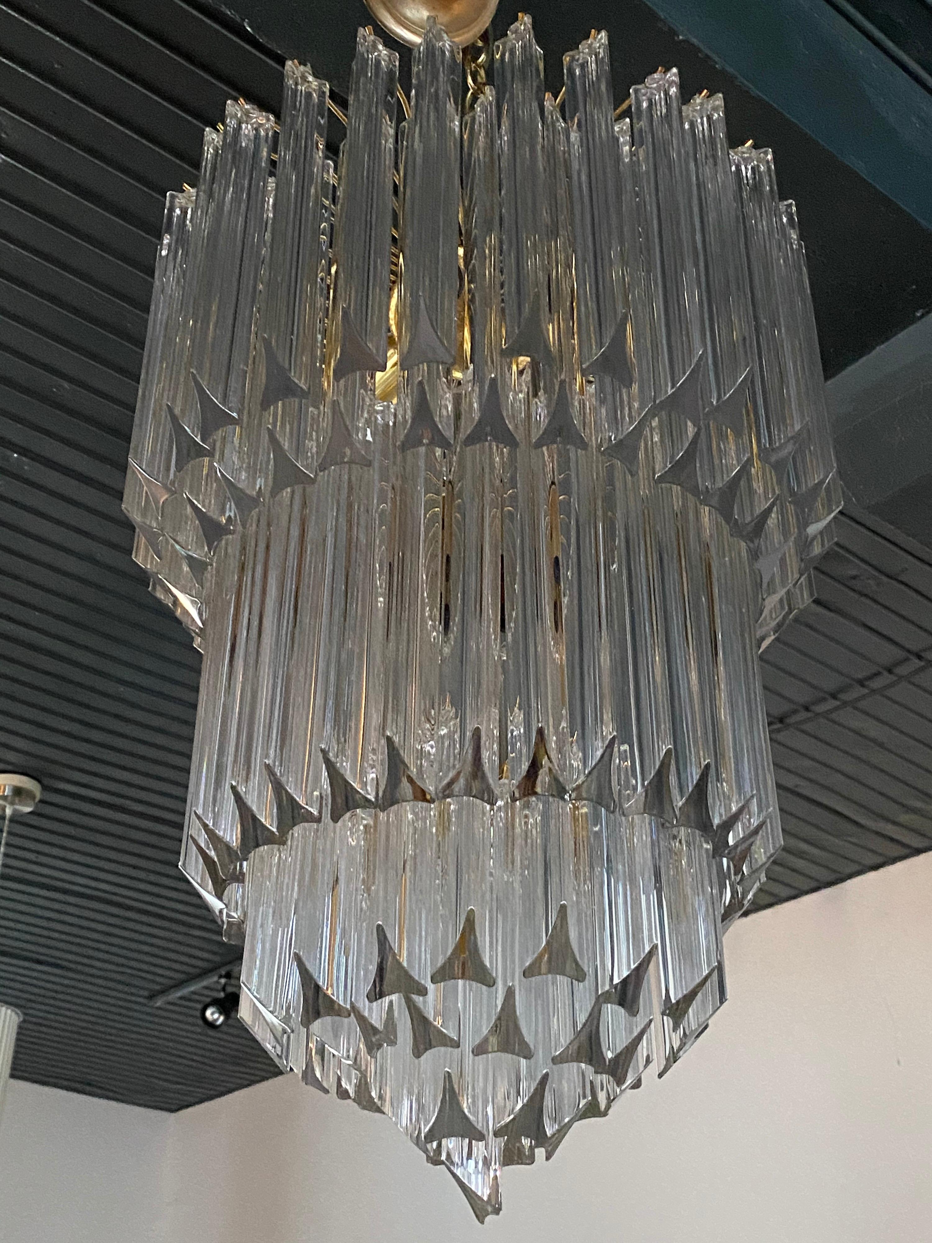 Mid-Century Modern Venini Camer Glass and Brass Tiered Waterfall Chandelier, Italy For Sale
