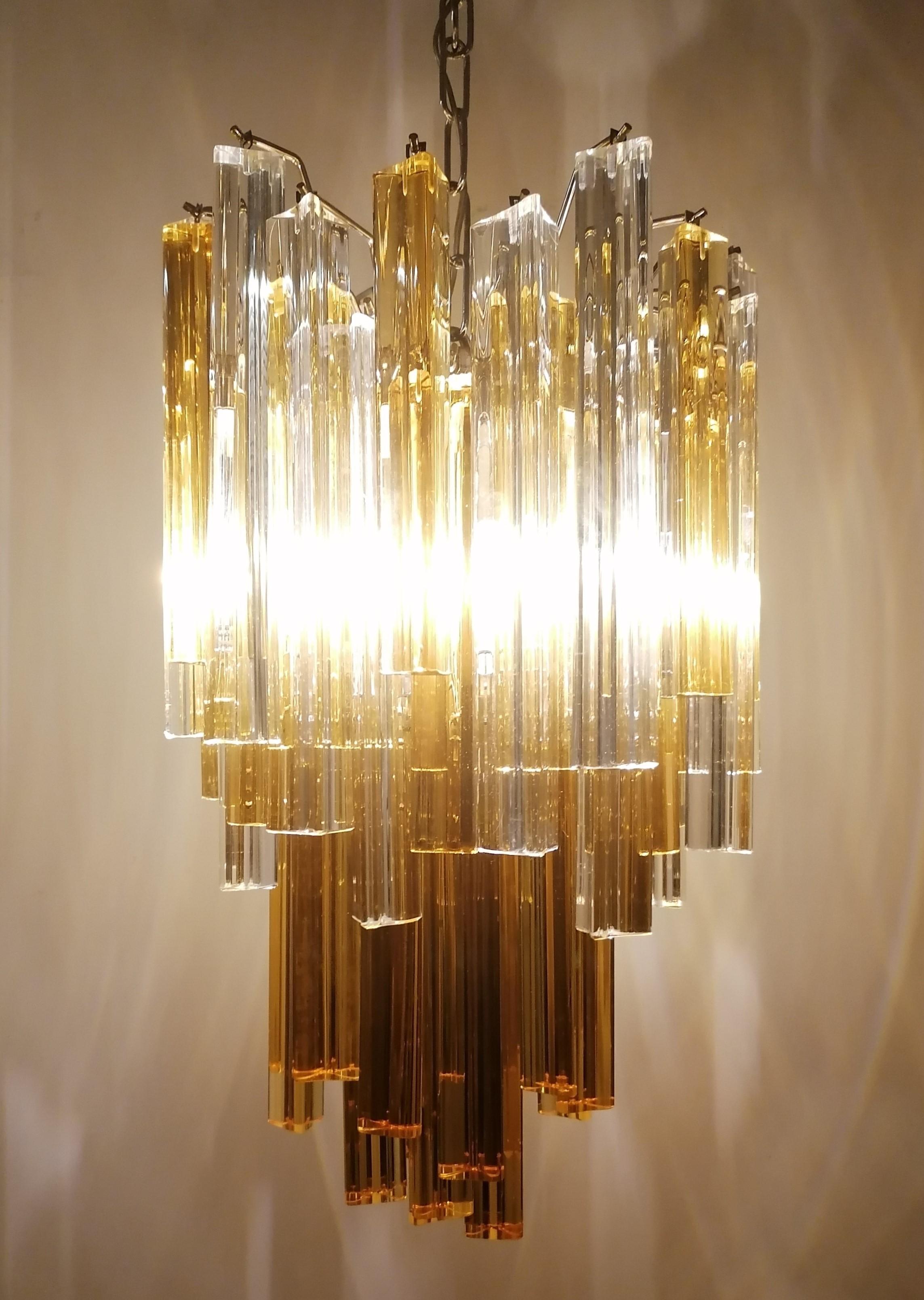 Italian Venini Chandelier 55 Transparent and Amber Prism Triedri, Murano, 1960