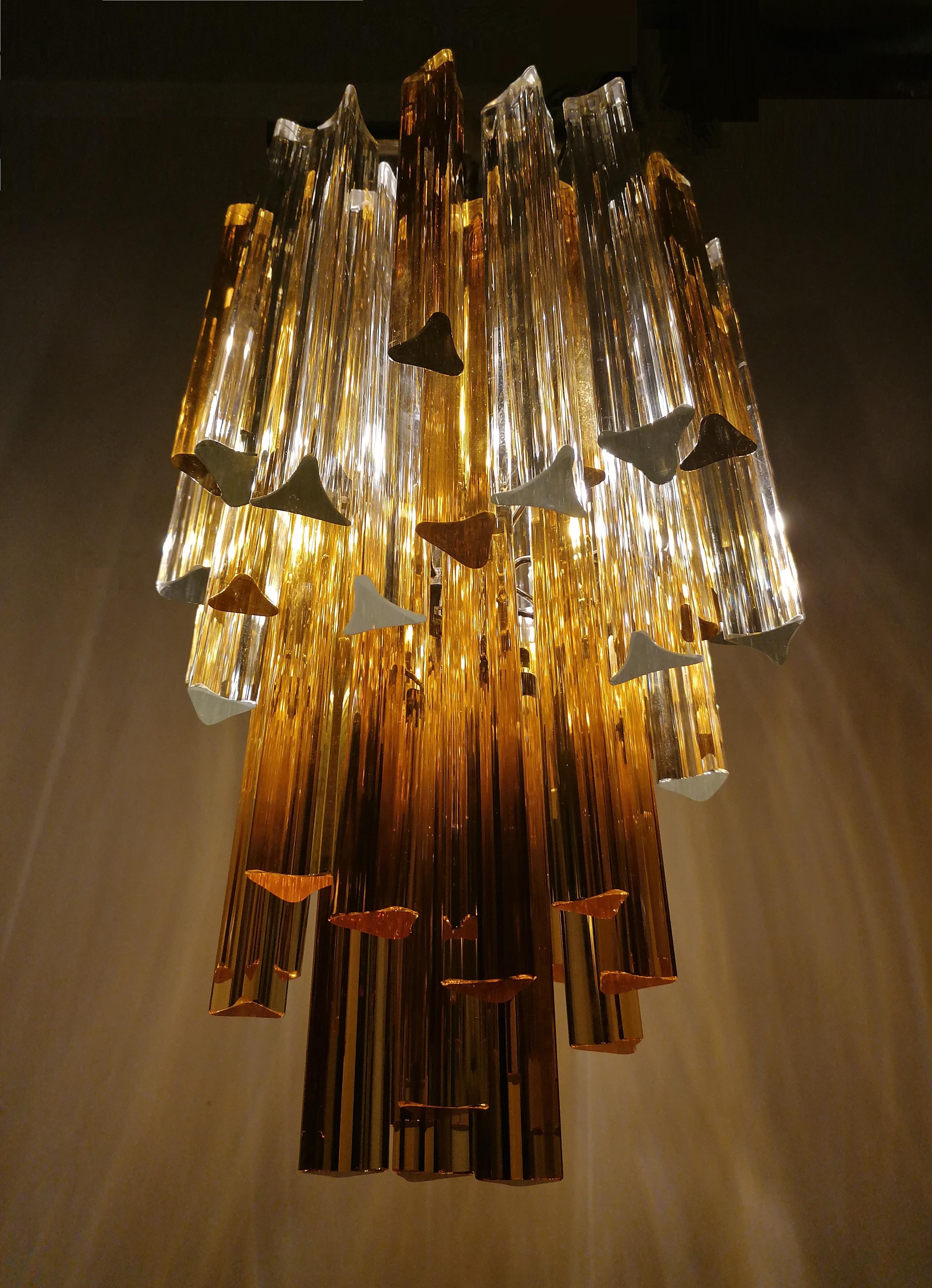 20th Century Venini Chandelier 55 Transparent and Amber Prism Triedri, Murano, 1960