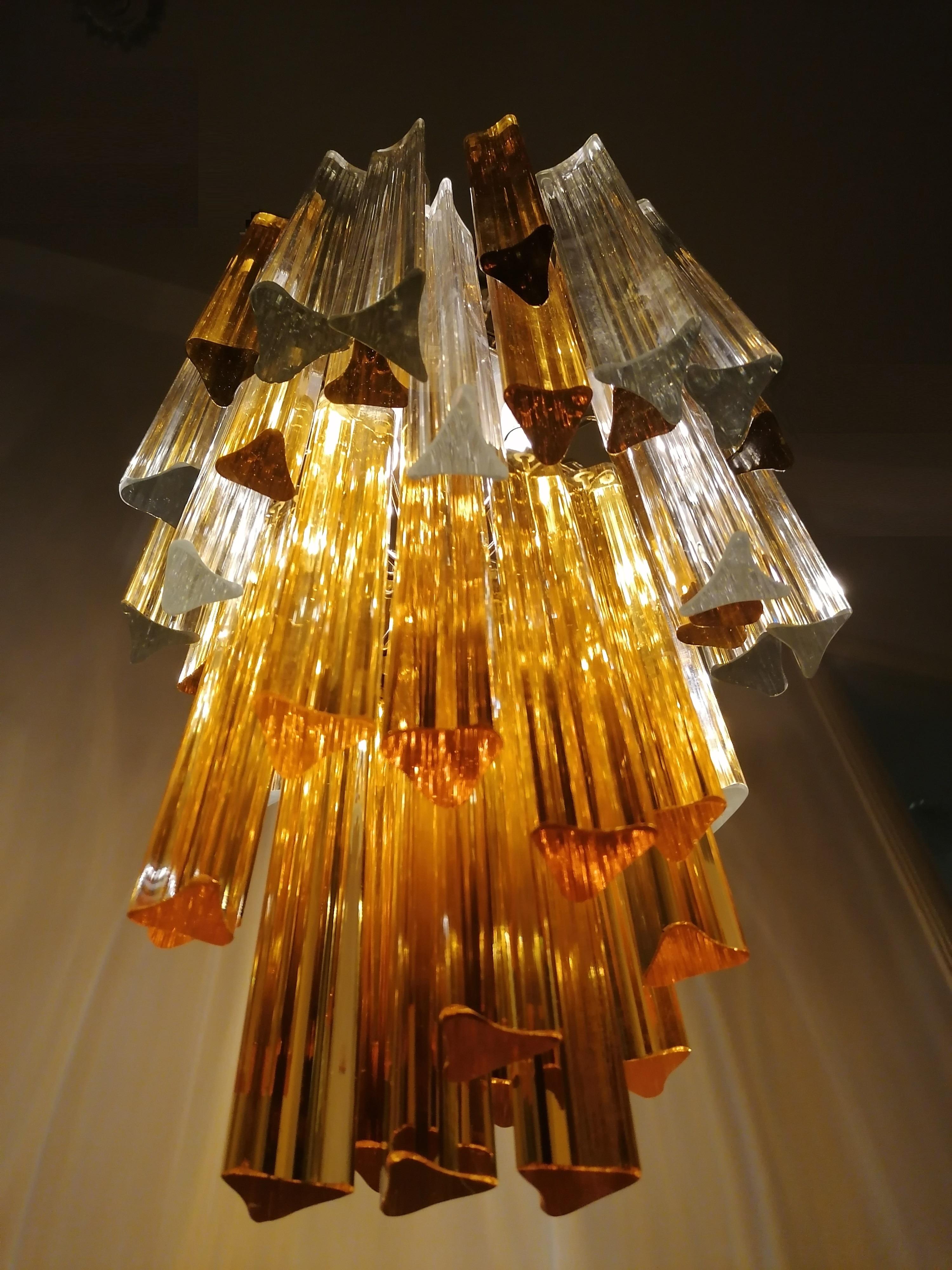 Metal Venini Chandelier 55 Transparent and Amber Prism Triedri, Murano, 1960