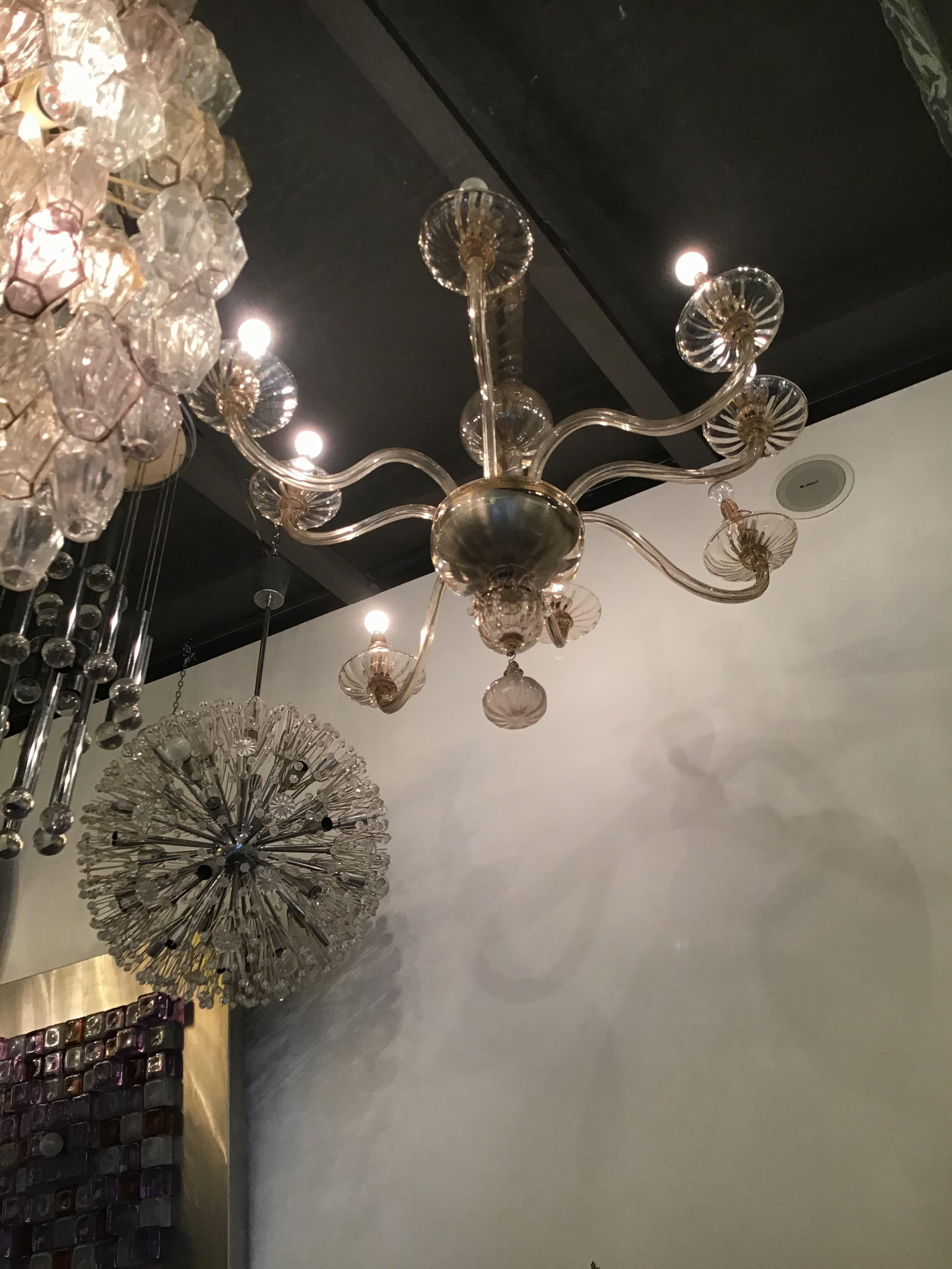 Lampadario Venini a 8 luci in vetro di murano, 1940, Italia.