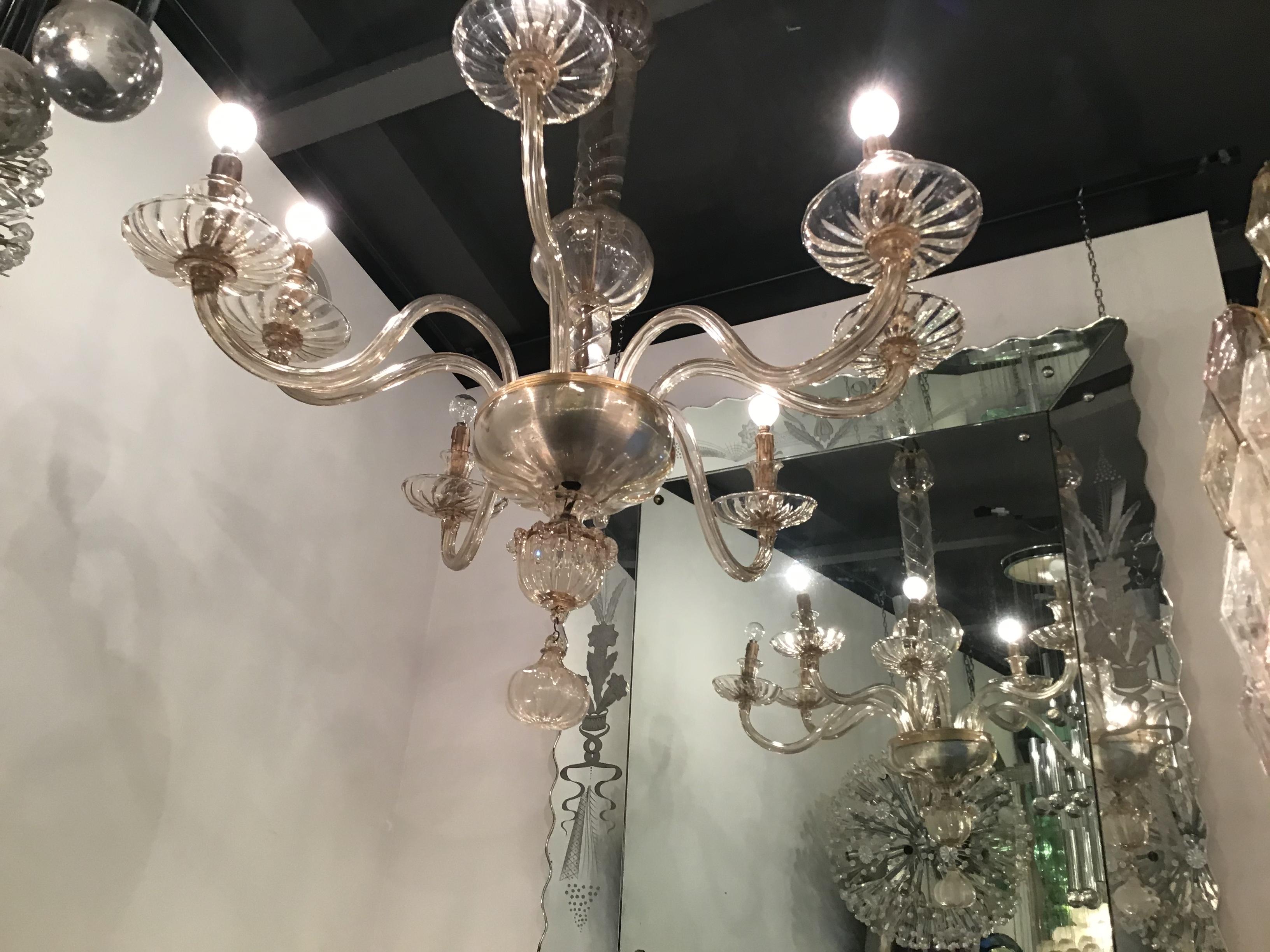 Venini Chandelier 8 Lights Murano Glass, 1940, Italy For Sale 2