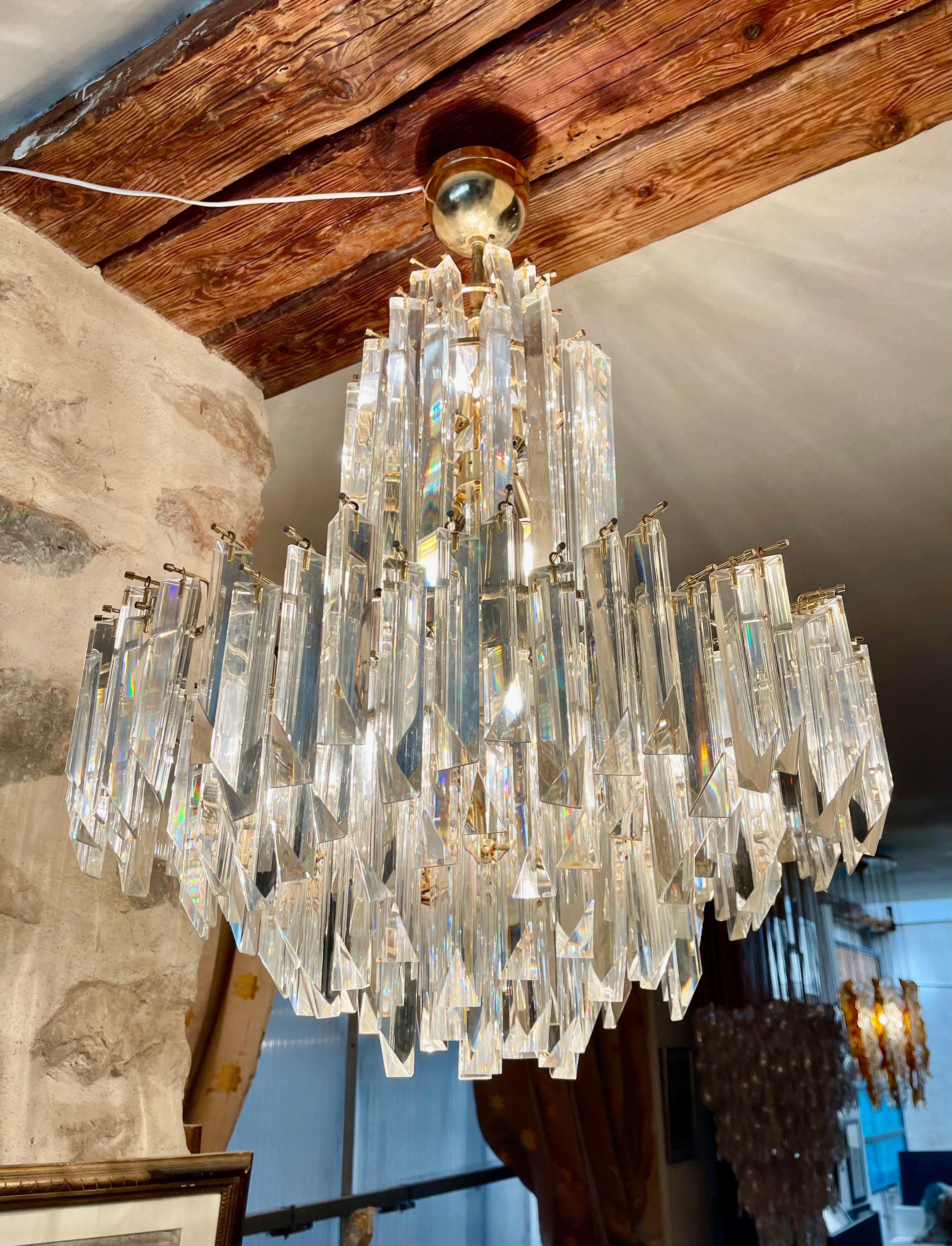Italian Venini Chandelier Cristal murano gilt gold structure, Italy, 1980