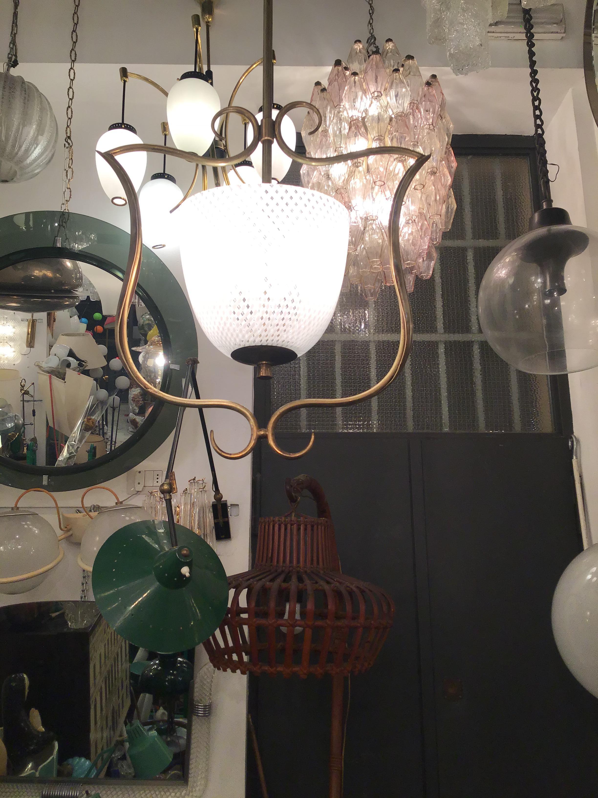 VENINI Chandelier Filigrana Brass Murano Glass 1930 Italy in vendita 6