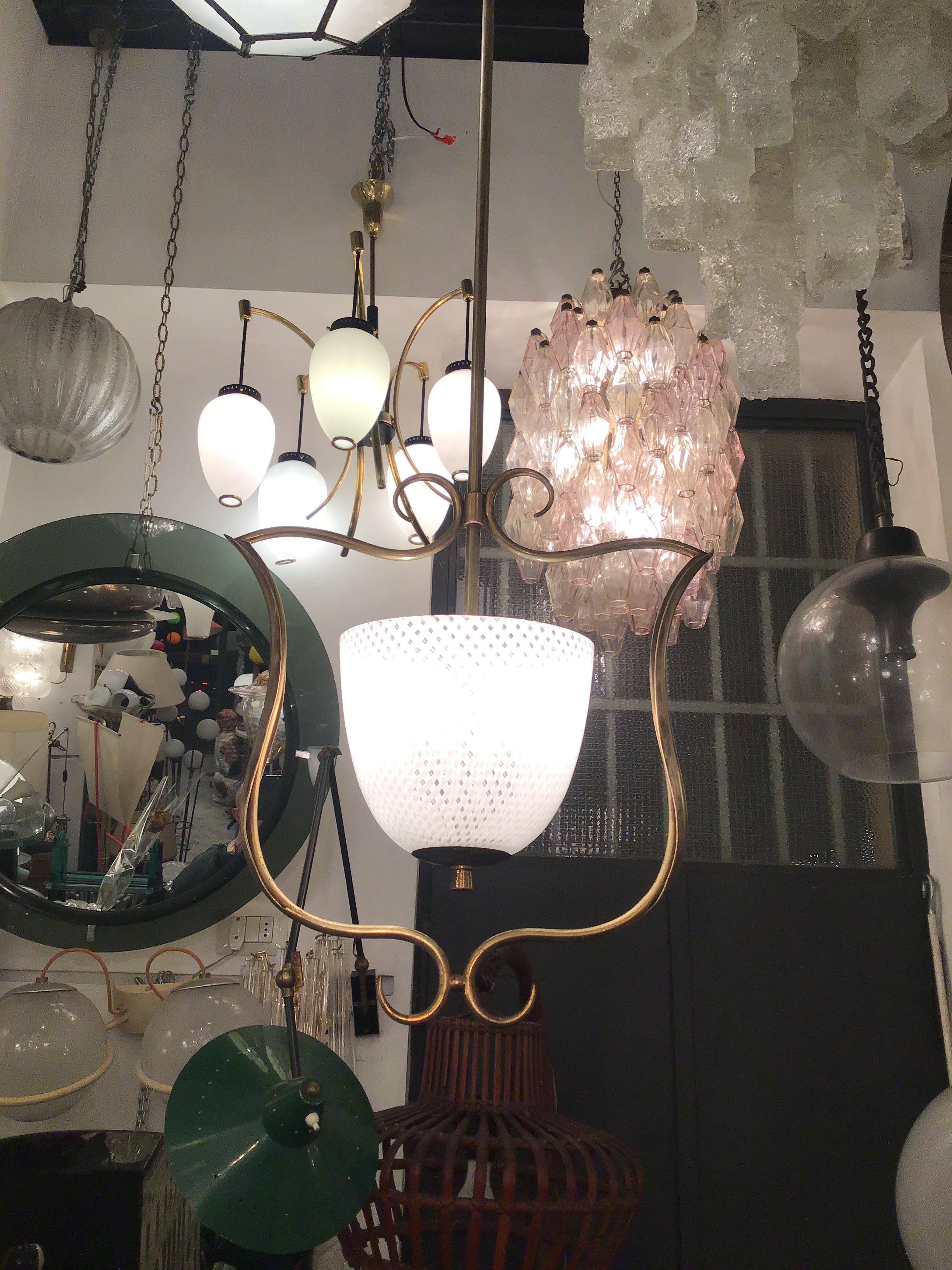 VENINI Chandelier Filigrana Brass Murano Glass 1930 Italy in vendita 7
