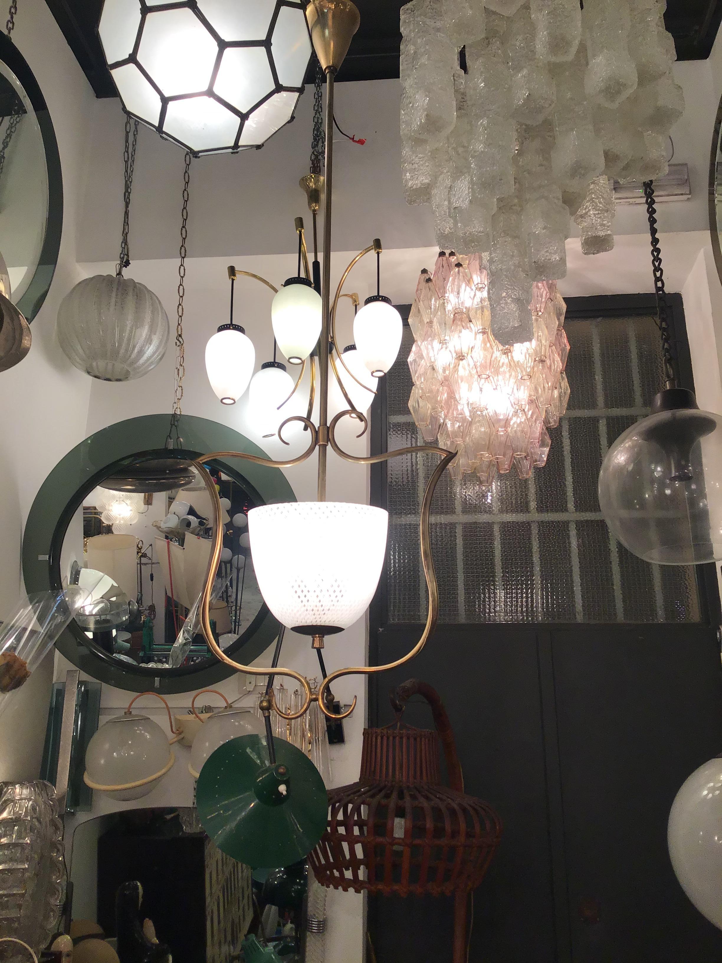 Altro VENINI Chandelier Filigrana Brass Murano Glass 1930 Italy in vendita