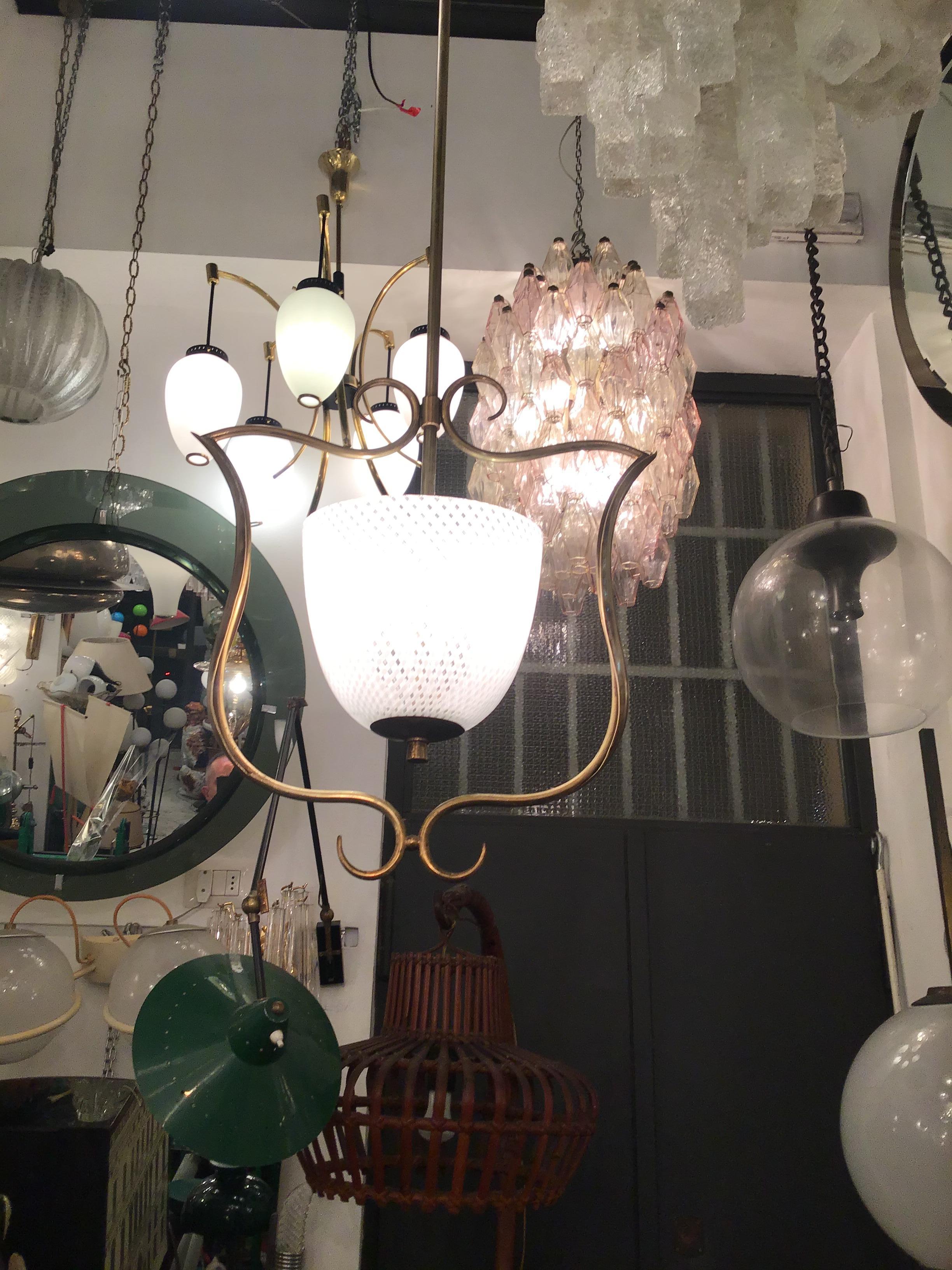 Italian VENINI Chandelier Filigrana Brass Murano Glass 1930 Italy in vendita