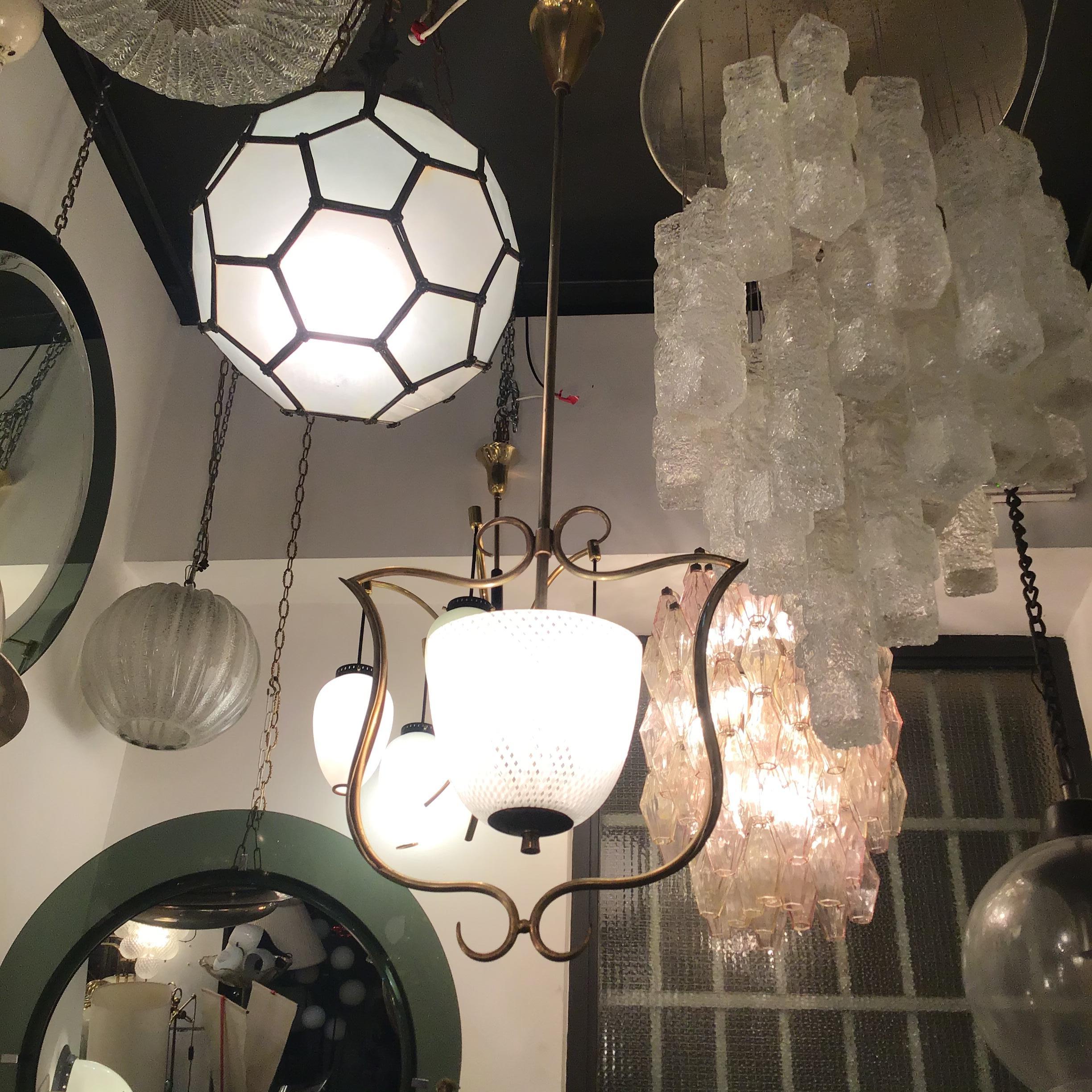 Mid-20th Century VENINI Chandelier Filigrana Brass Murano Glass 1930 Italy in vendita
