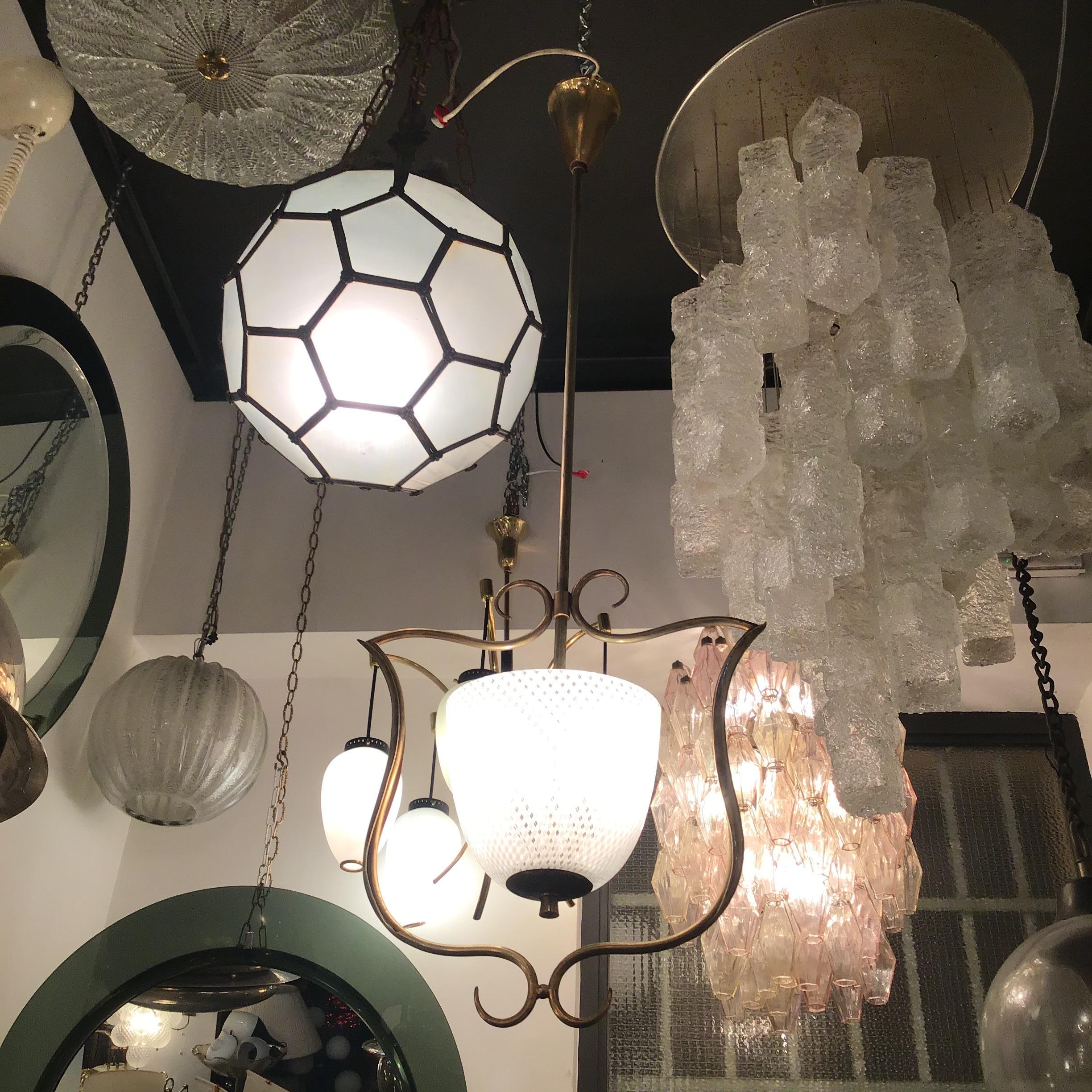 Vetro di Murano VENINI Chandelier Filigrana Brass Murano Glass 1930 Italy in vendita