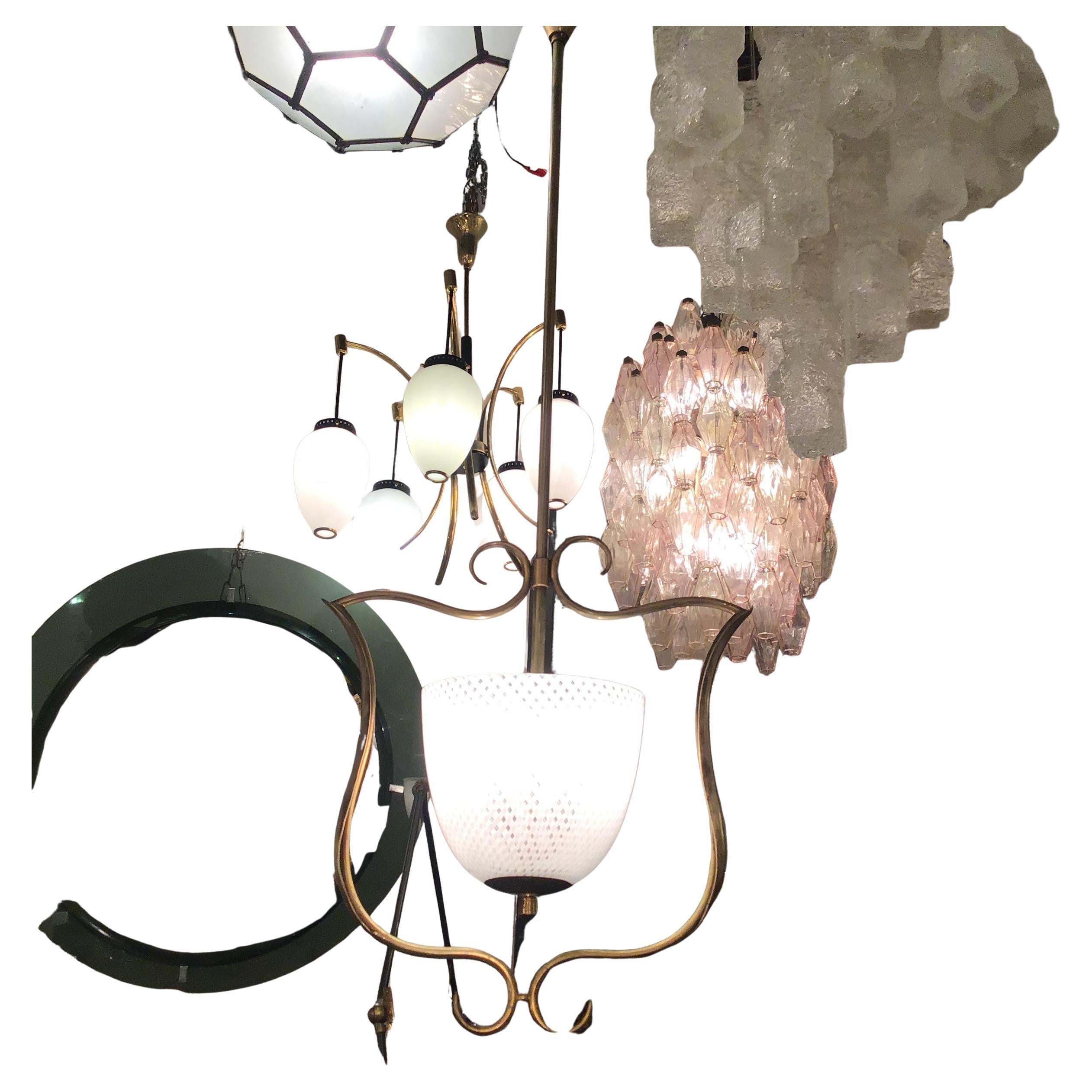 VENINI Chandelier Filigrana Brass Murano Glass 1930 Italy