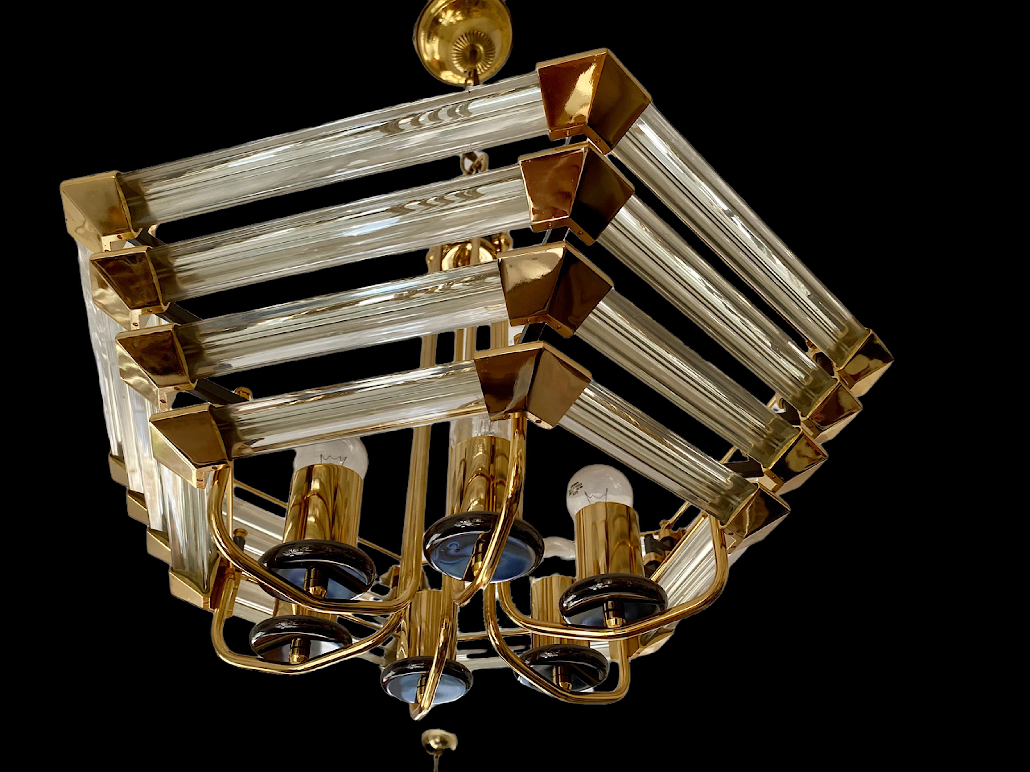 Italian Venini chandelier glass with gilt gold structure , italy 1980 For Sale