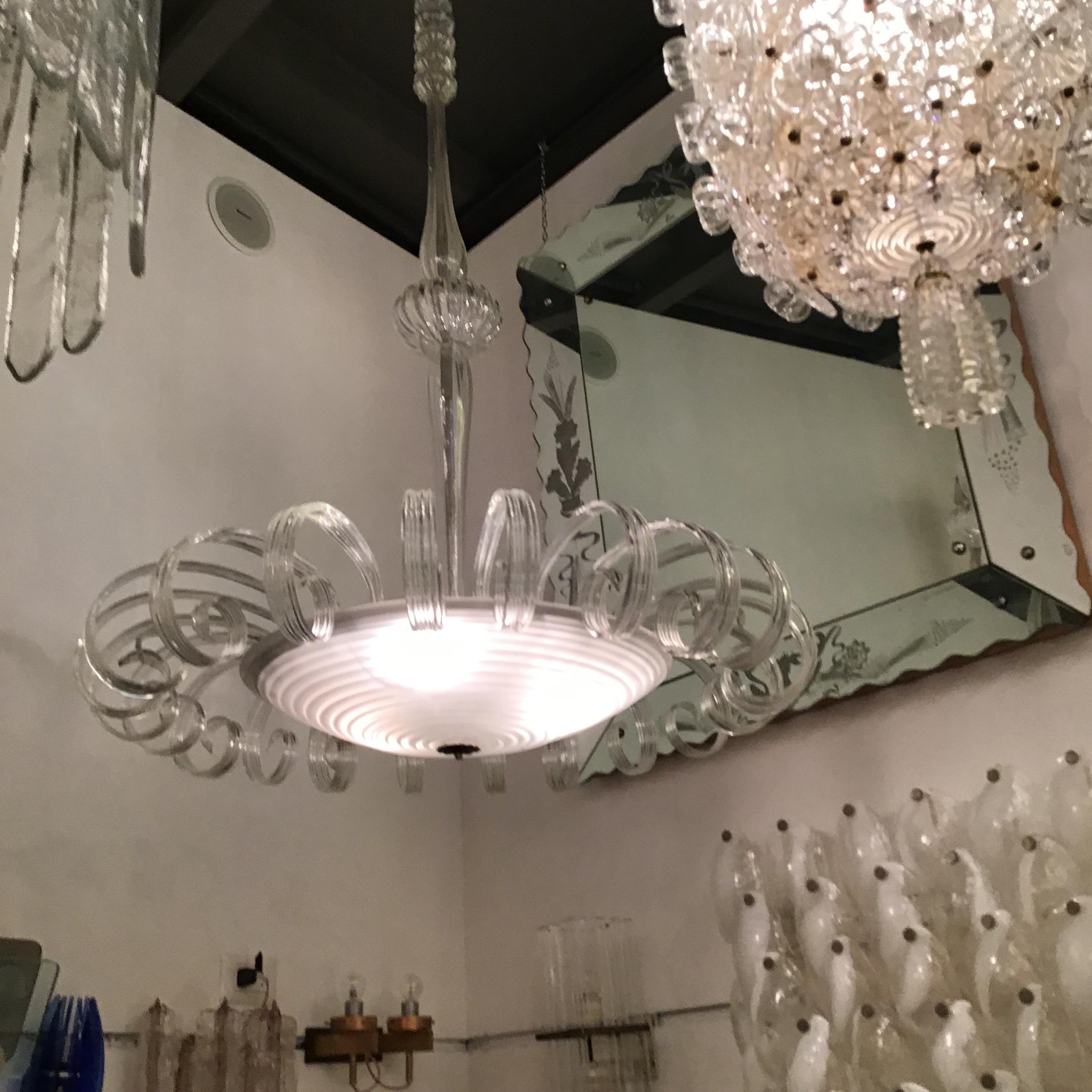 Venini Chandelier Murano Glass 1930 Iron Structure and Wood Italia For Sale 2