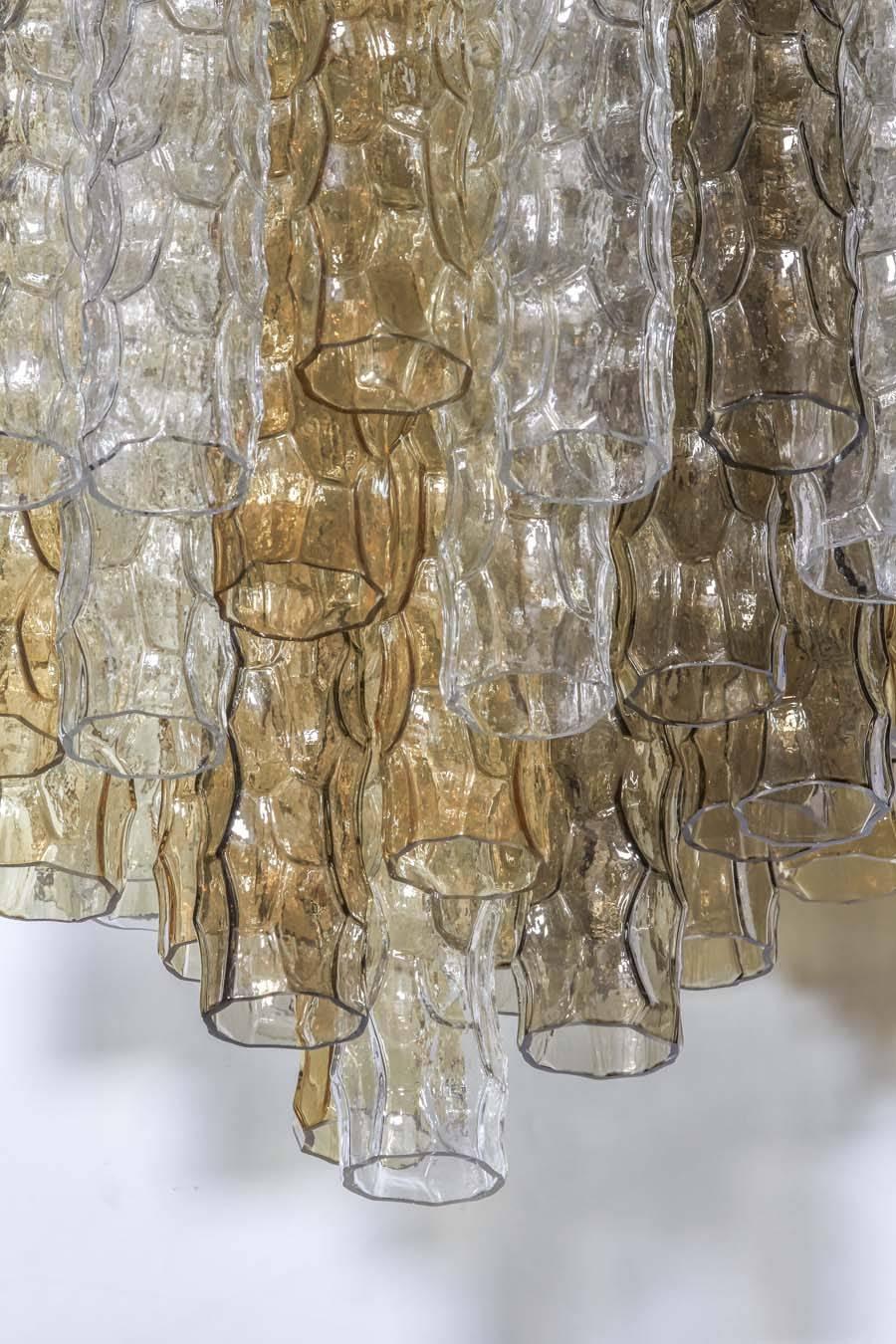 Brushed Venini Chandelier with Hand Blown Multicolored Murano Pendants, Italy c. 1970s