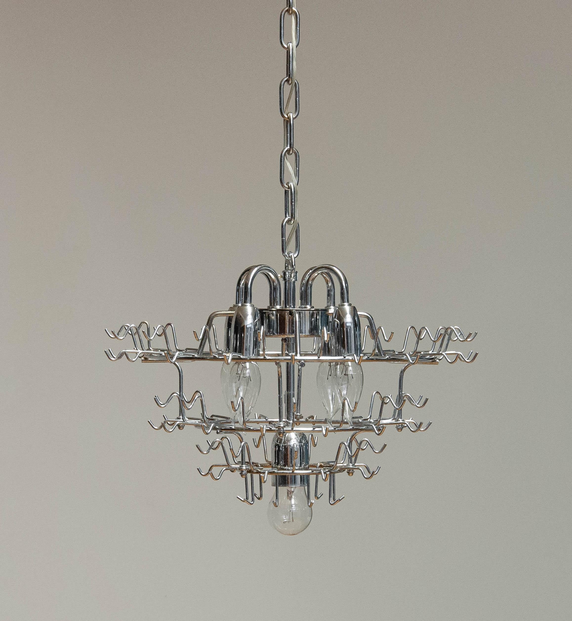 Venini Chrome Tiered Chandelier With 91 Clear Triedri Murano Crystals Italy 1980 3