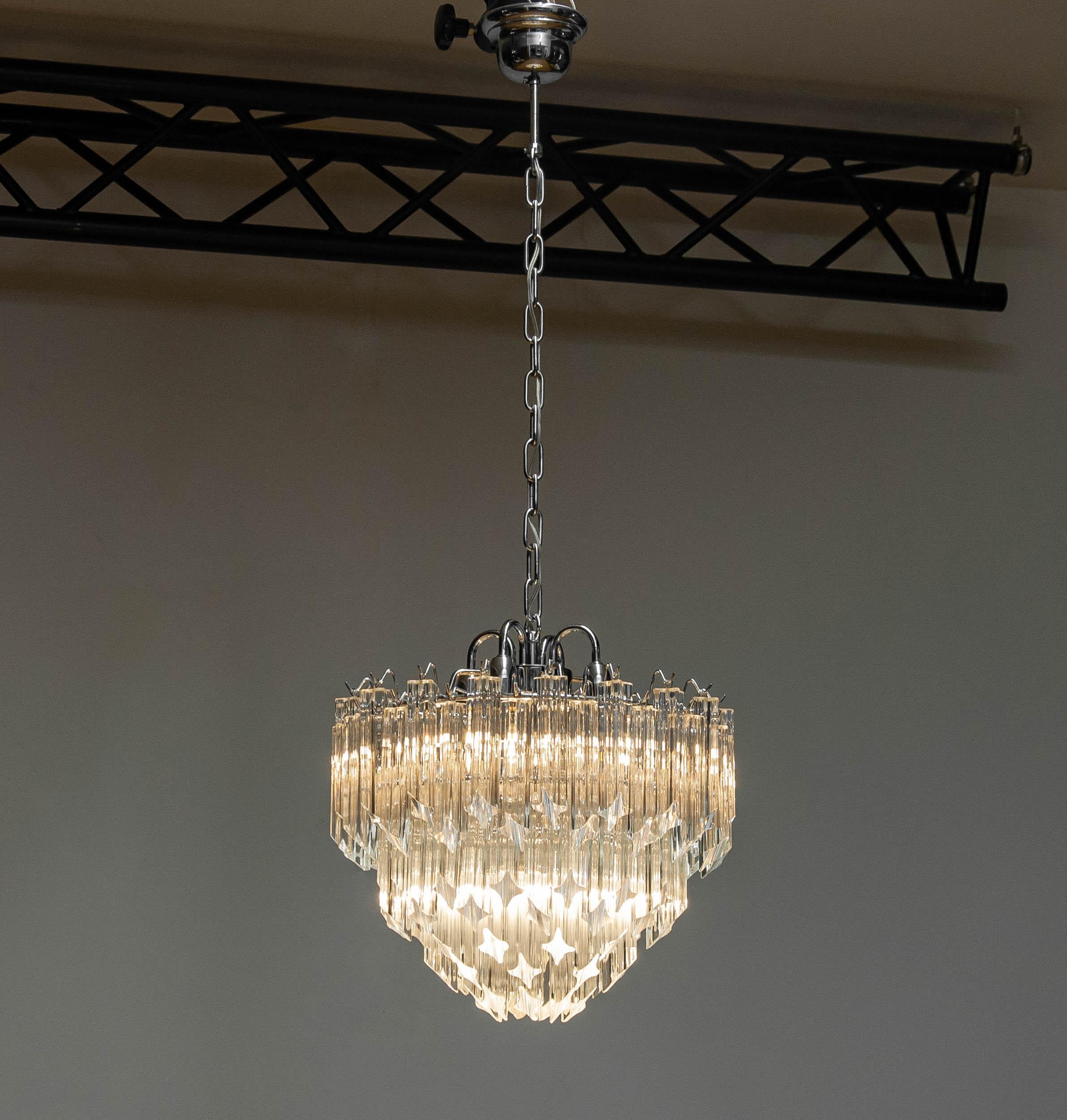 Modern Venini Chrome Tiered Chandelier With 91 Clear Triedri Murano Crystals Italy 1980