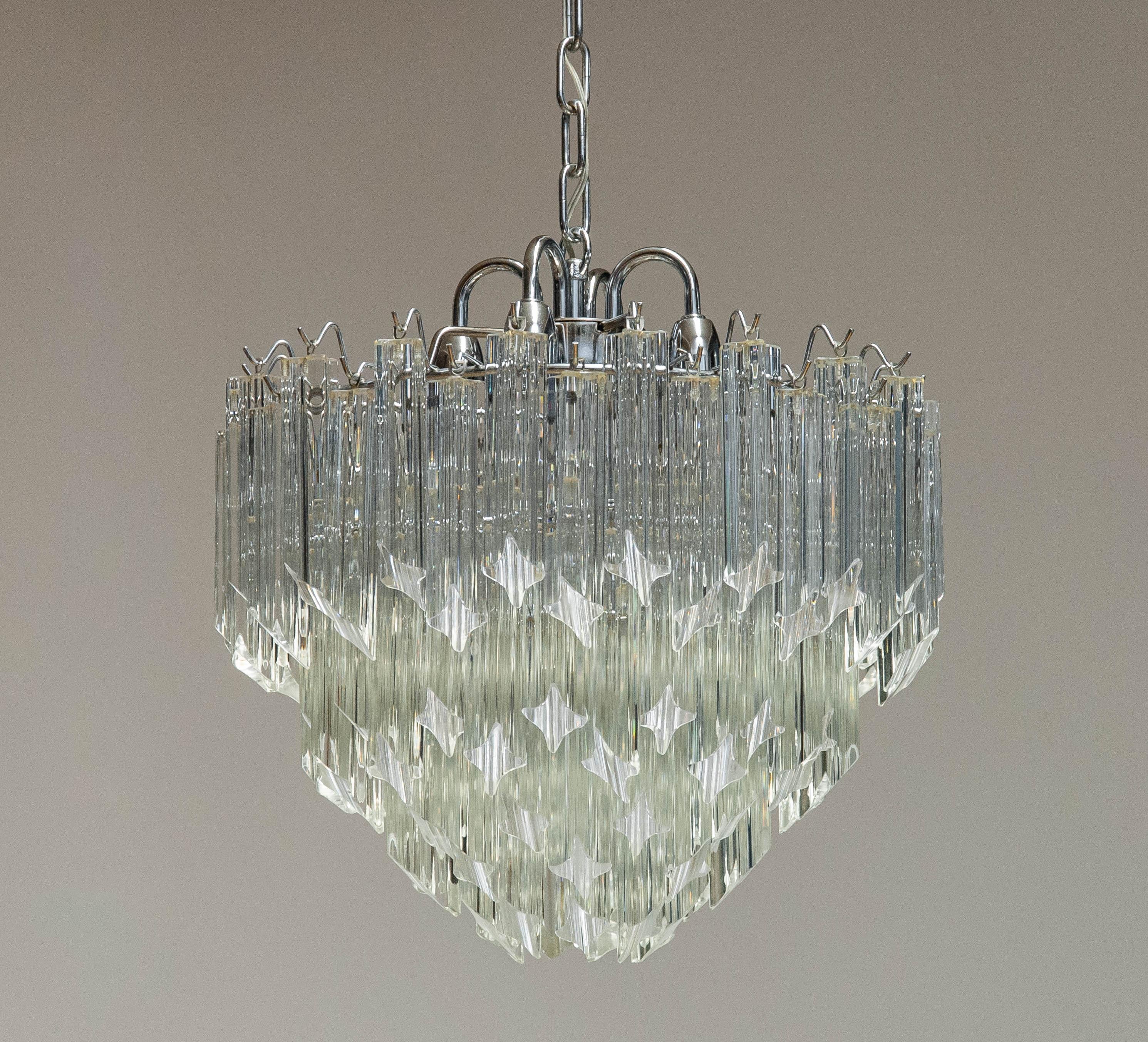 Murano Glass Venini Chrome Tiered Chandelier With 91 Clear Triedri Murano Crystals Italy 1980