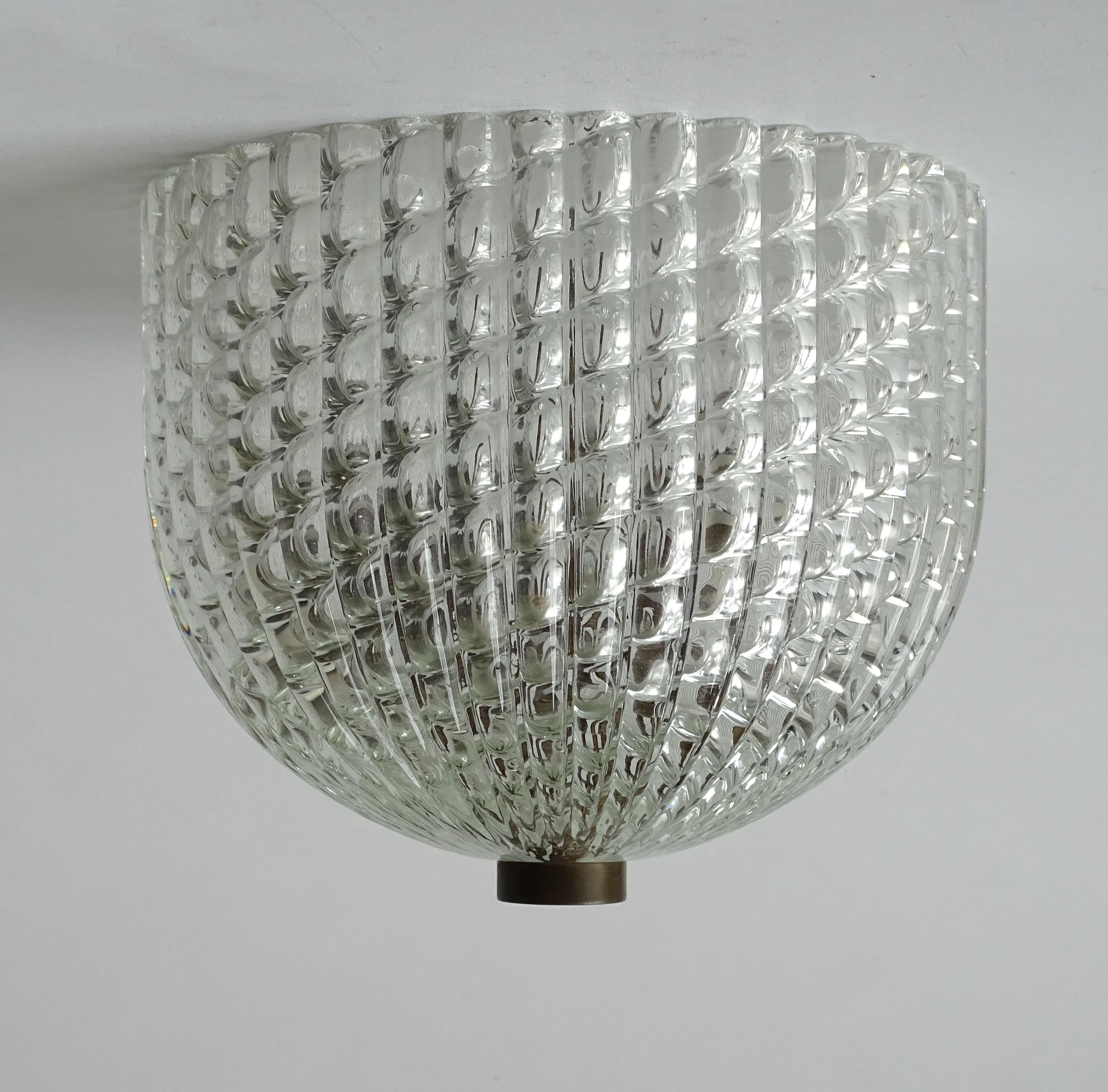 Mid-20th Century Venini clear Murano glass and brass ceiling lamp, Italy 1940s For Sale