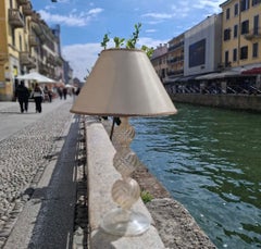 COUPLE DE LAMPE VENINI 1950 Verre MURANO Abat-jour tissu doré Italie