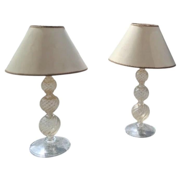 VENINI COUPLE TABLE LAMPS 1950s MURANO GLASS gold fabric lampshades Italy