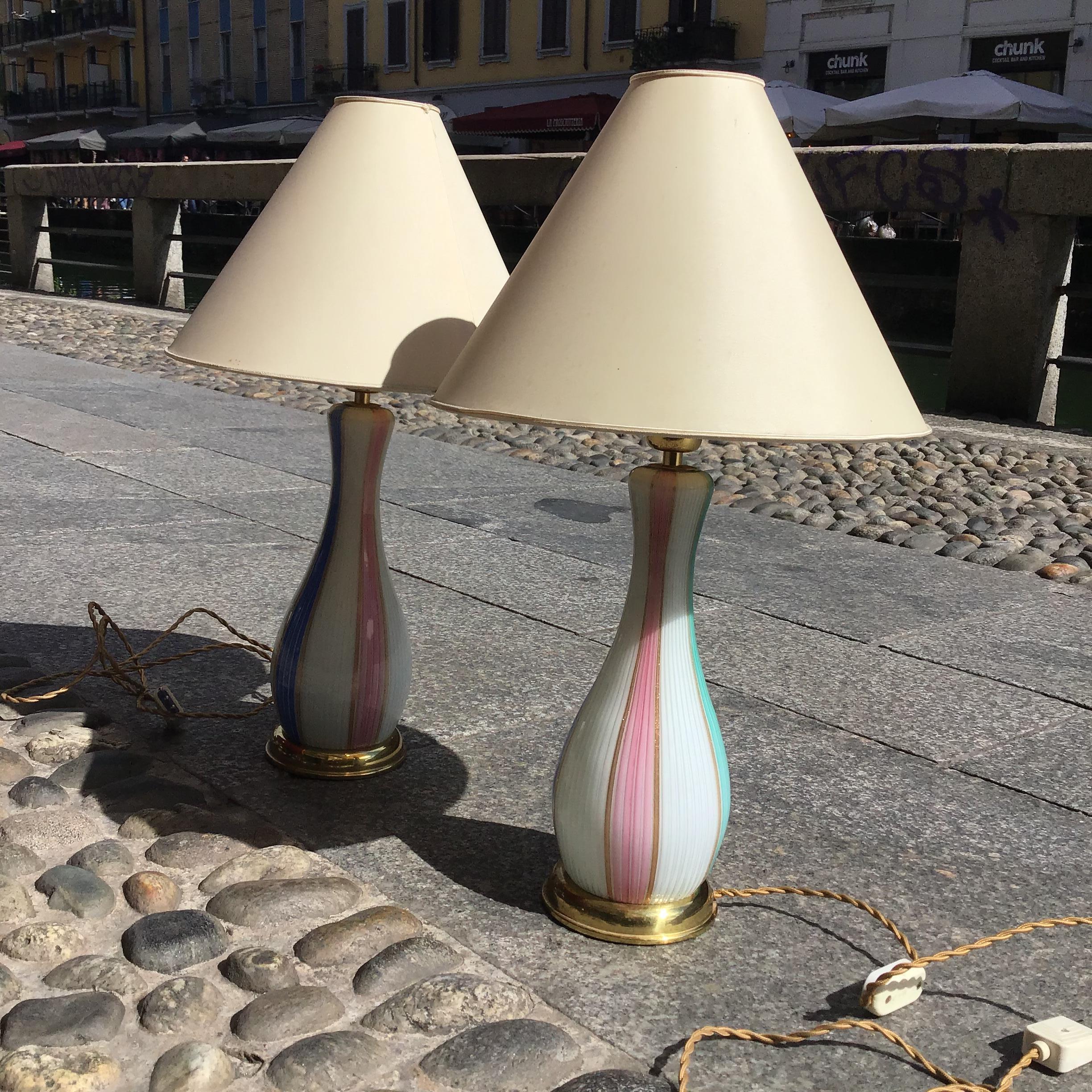 VENINI Paar Tischlampen aus Muranoglas Goldeinschlüsse Messing im Angebot 4
