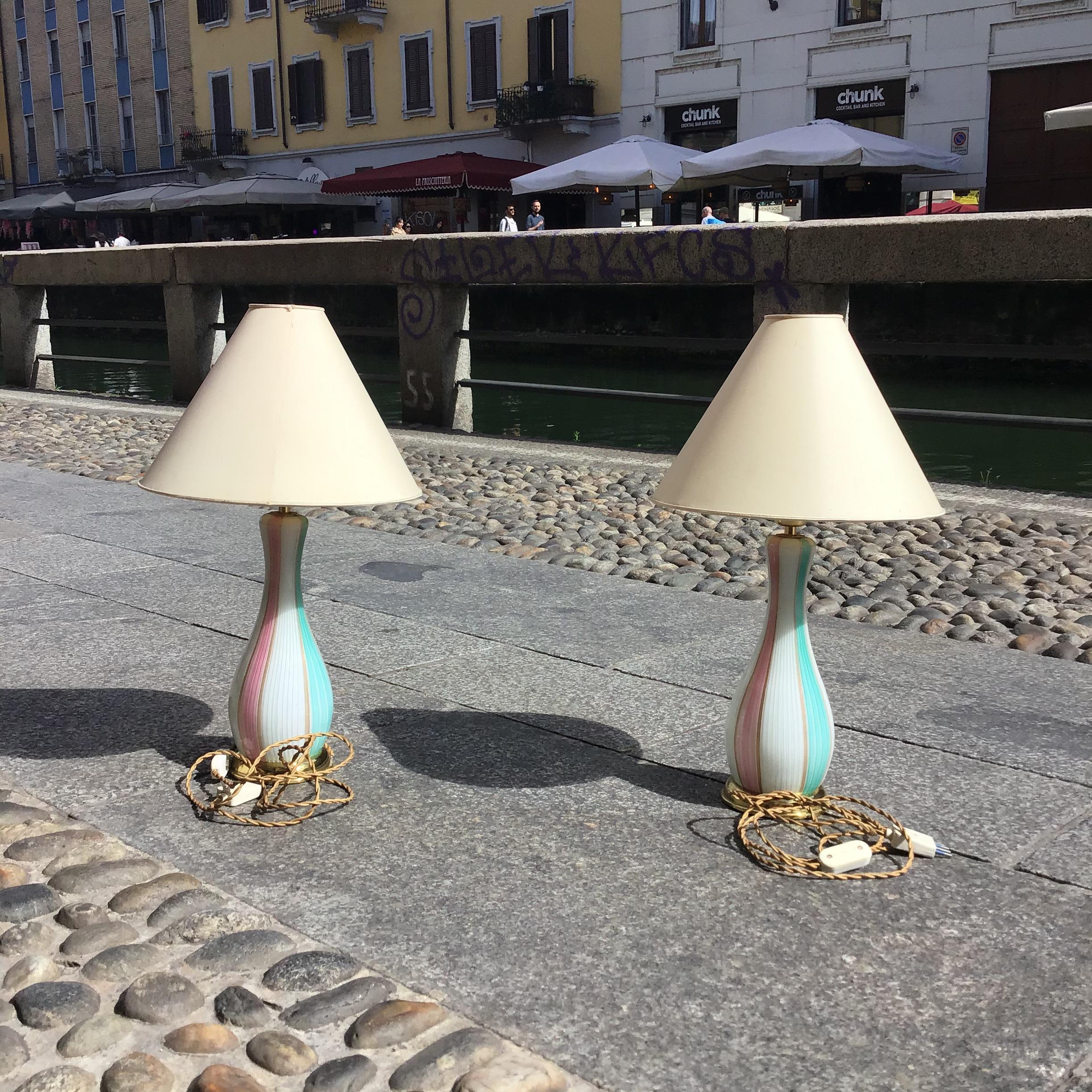 VENINI Paar Tischlampen aus Muranoglas Goldeinschlüsse Messing im Angebot 2