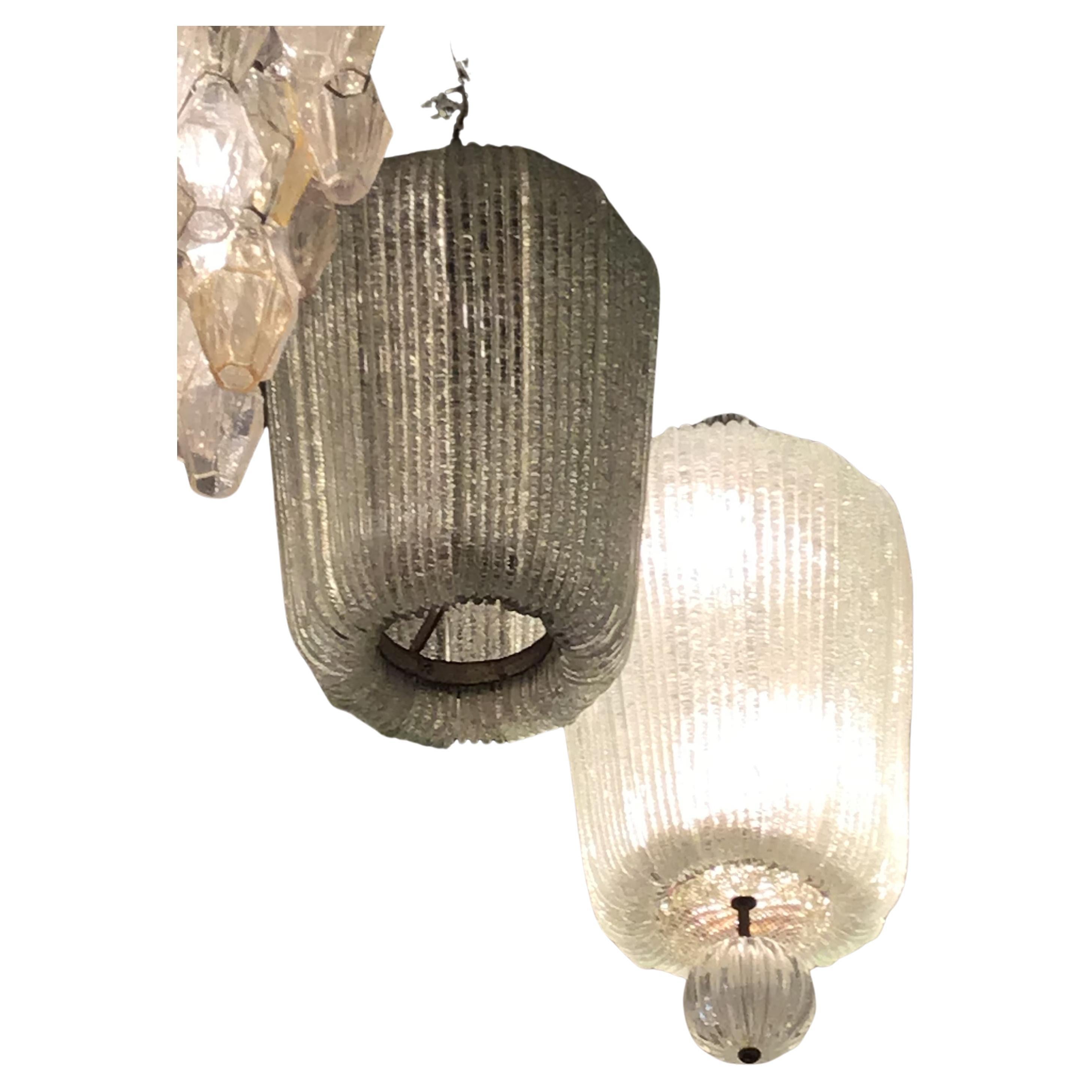 Venini Couple Chandeliers Murano Glass Iron Brass, 1940, Italy For Sale