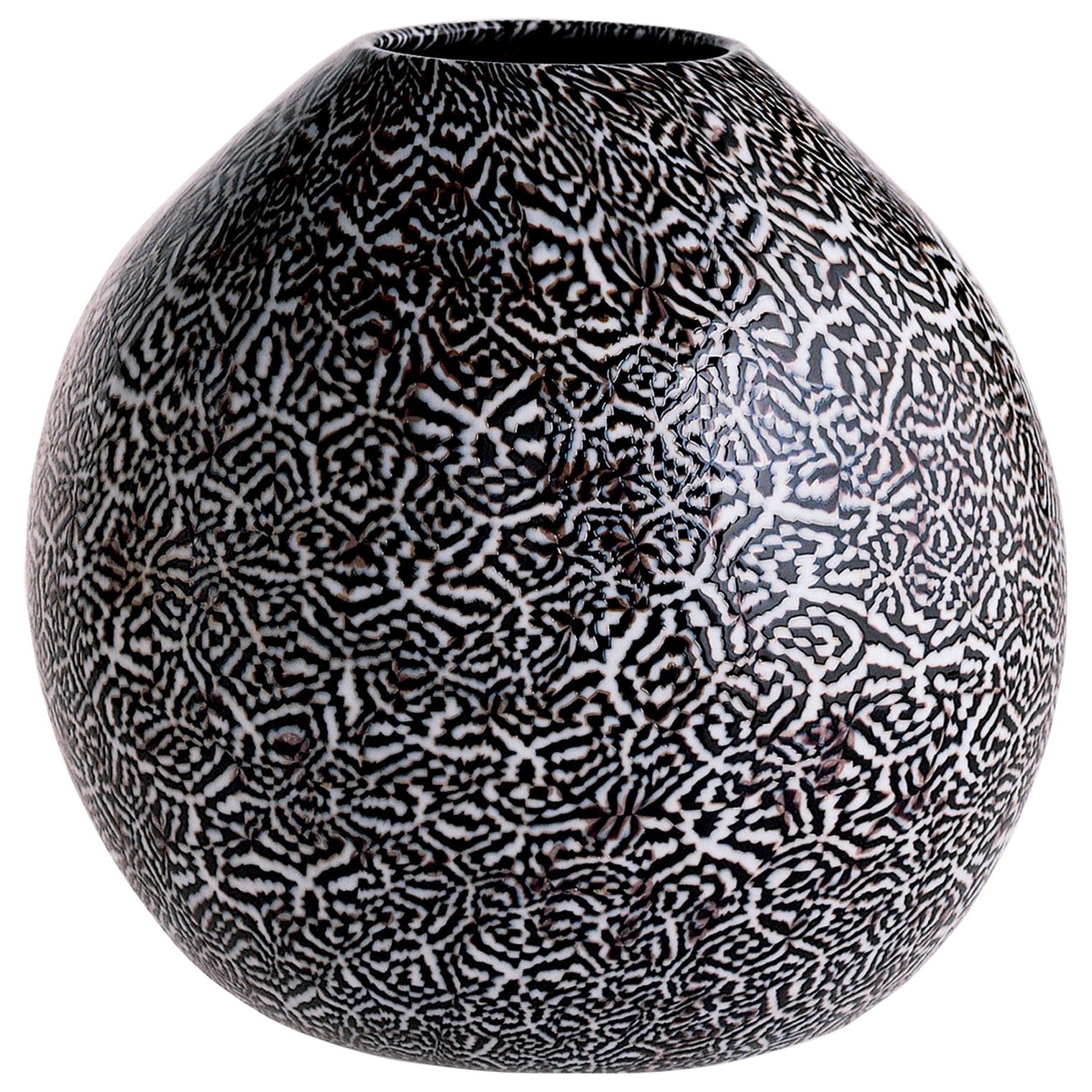 Venini Dama Glass Vase W & Milk-White & Black Murrine Geometric Pattern