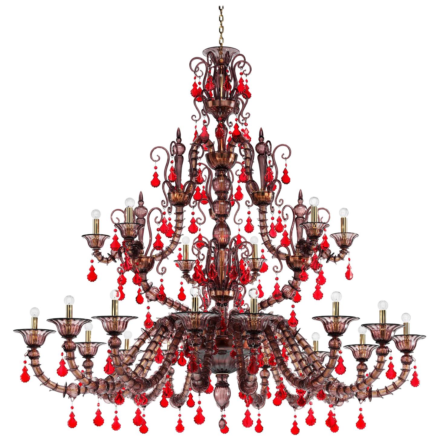 Venini Diamantei Twenty-One-Light Chandelier in Amethyst and Red For Sale