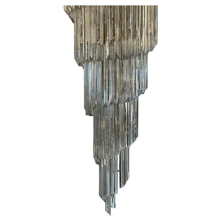 Venini Double-Tier Swirling Chandelier with Triedri Glass Prisms. Italy, 1970's In Excellent Condition For Sale In Los Angeles, CA