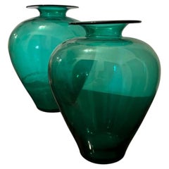 Mid-Century Modern Venini Style Vases, Murano Glass, Emerald Green, 1960s