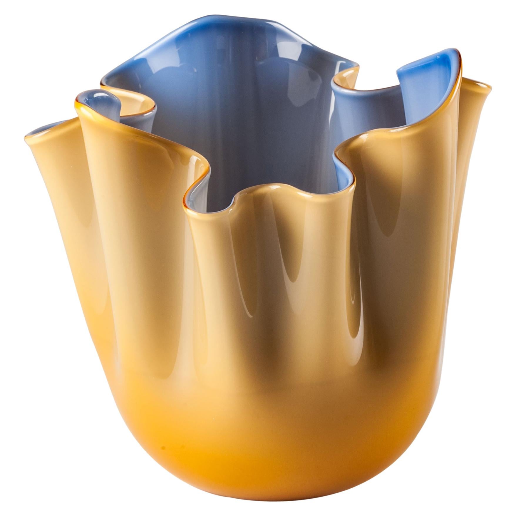 Venini Fazzoletto Bicolore Small Vase in Amber and Horizon Murano Glass For Sale