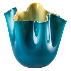 Venini Fazzoletto Bicolore Small Vase in Horizon and Amber Murano Glass