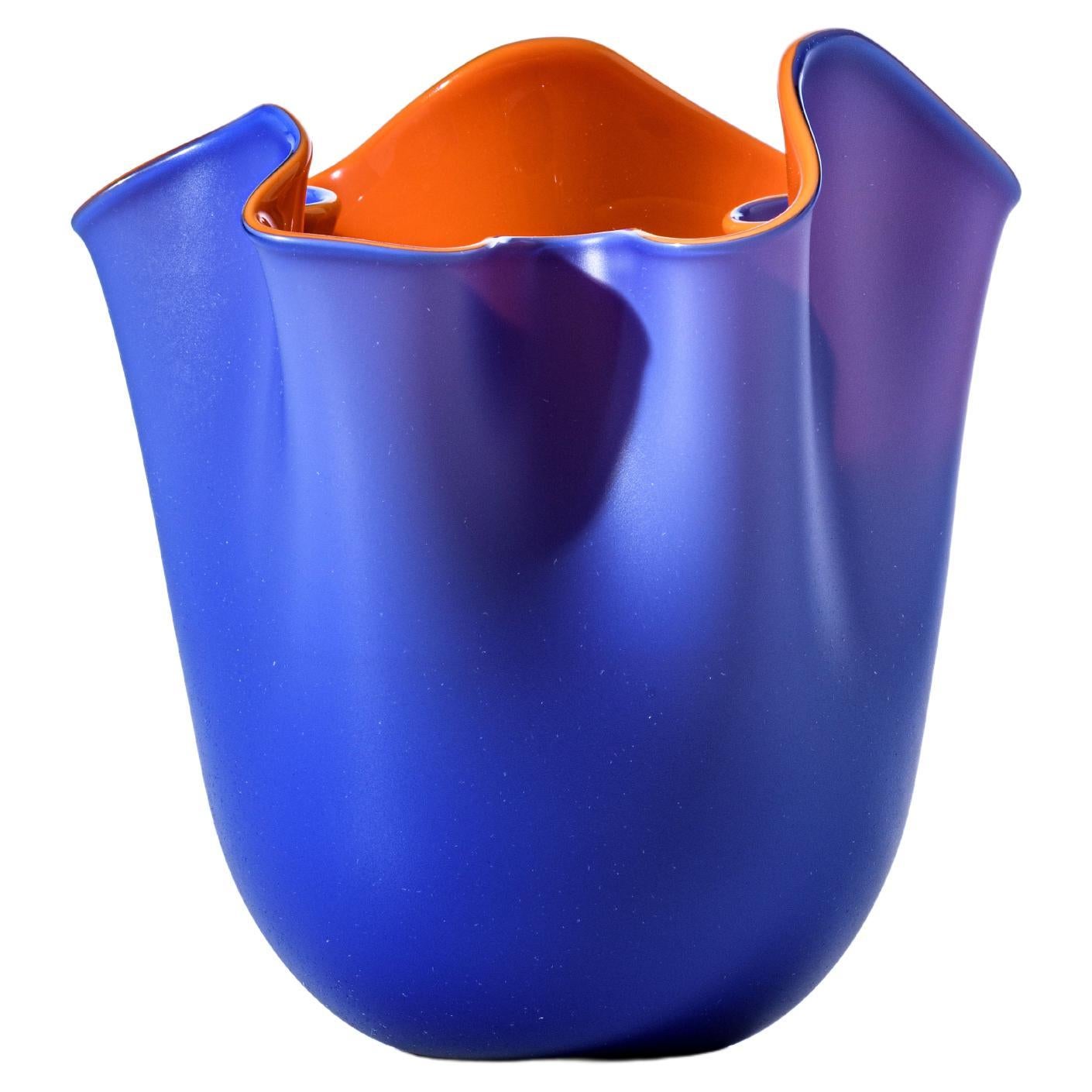 Venini Fazzoletto Bicolore sabbiato Small Vase in Horizon and Orange For Sale