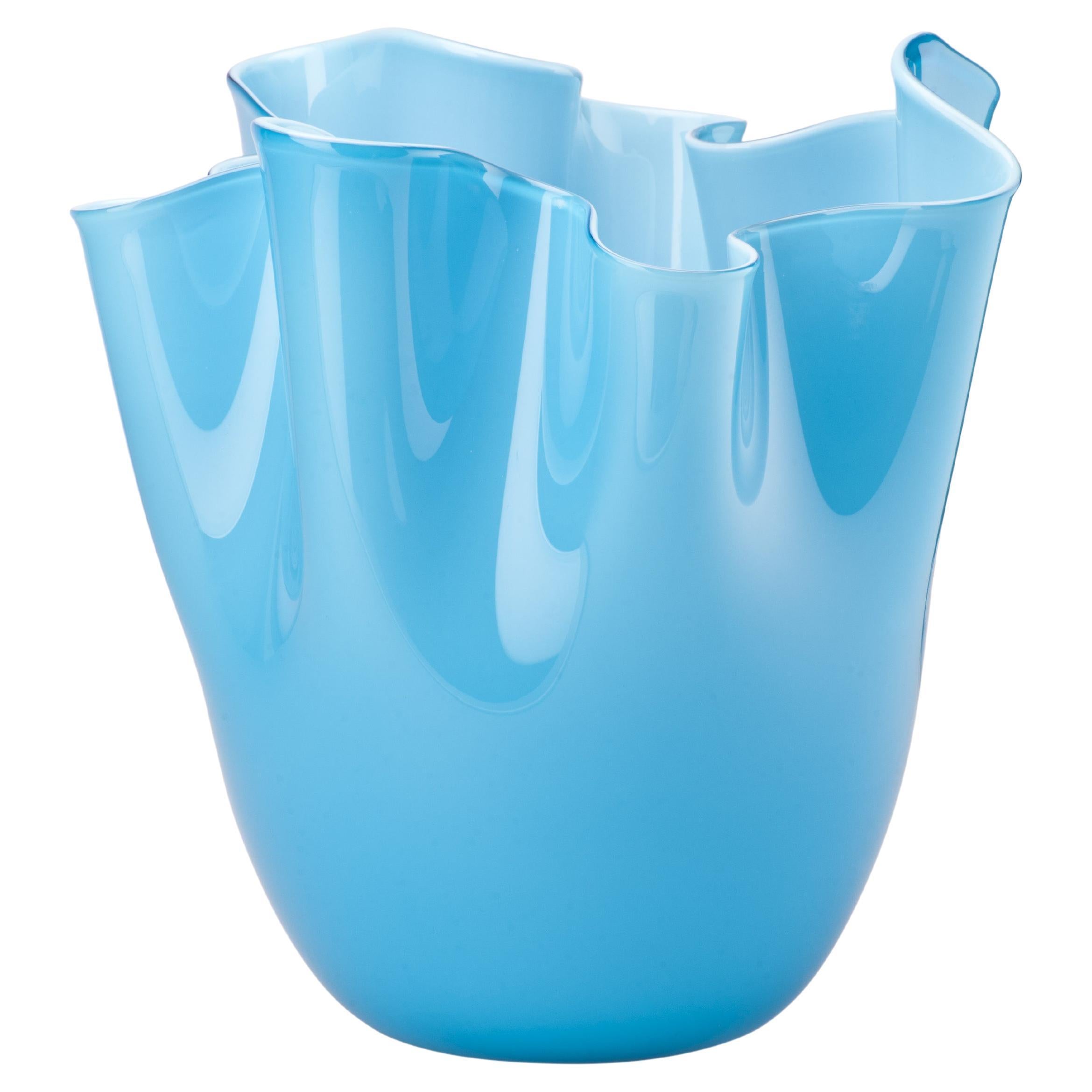 Vase moyen Opalino Venini Fazzoletto en verre de Murano acquamarine