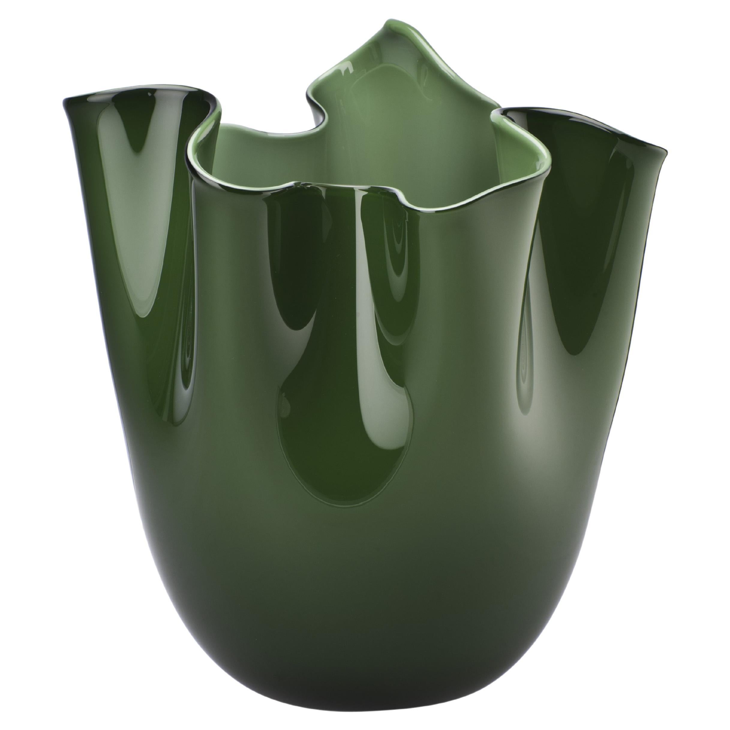 Venini Fazzoletto Opalino Medium Vase in Apple Green Murano Glass For Sale
