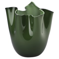 Venini Fazzoletto Opalino Medium Vase in Apple Green Murano Glass