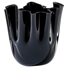 Venini Fazzoletto Opalino Medium Vase in Black Murano Glass