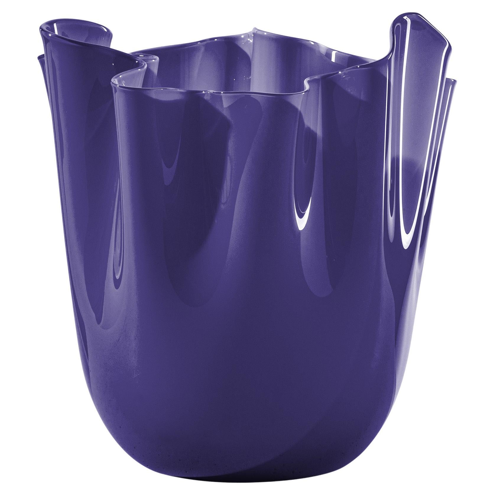 Venini Fazzoletto Opalino Medium Vase in Indigo Murano Glass For Sale