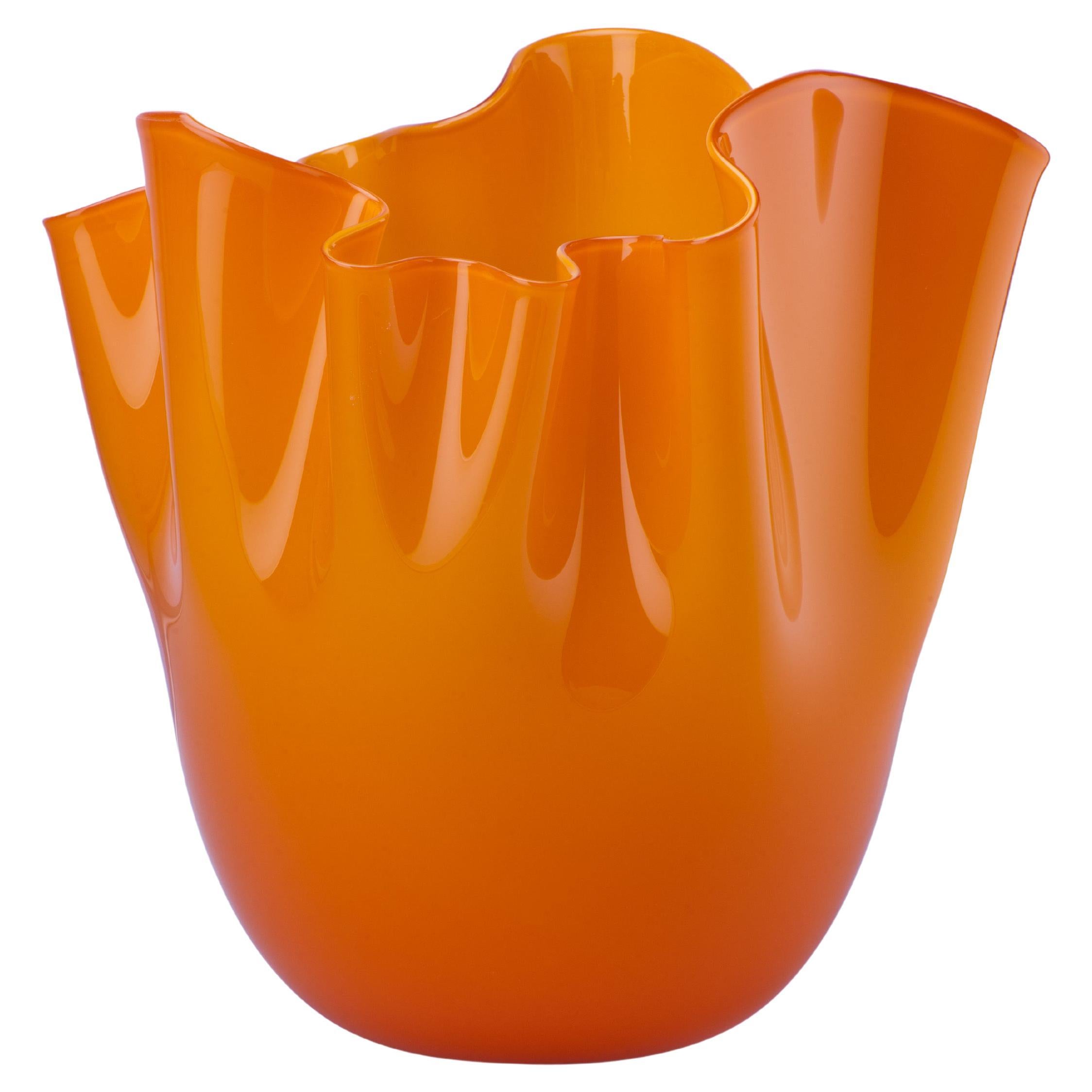 Venini Fazzoletto Opalino Medium Vase in Orange Murano Glass For Sale