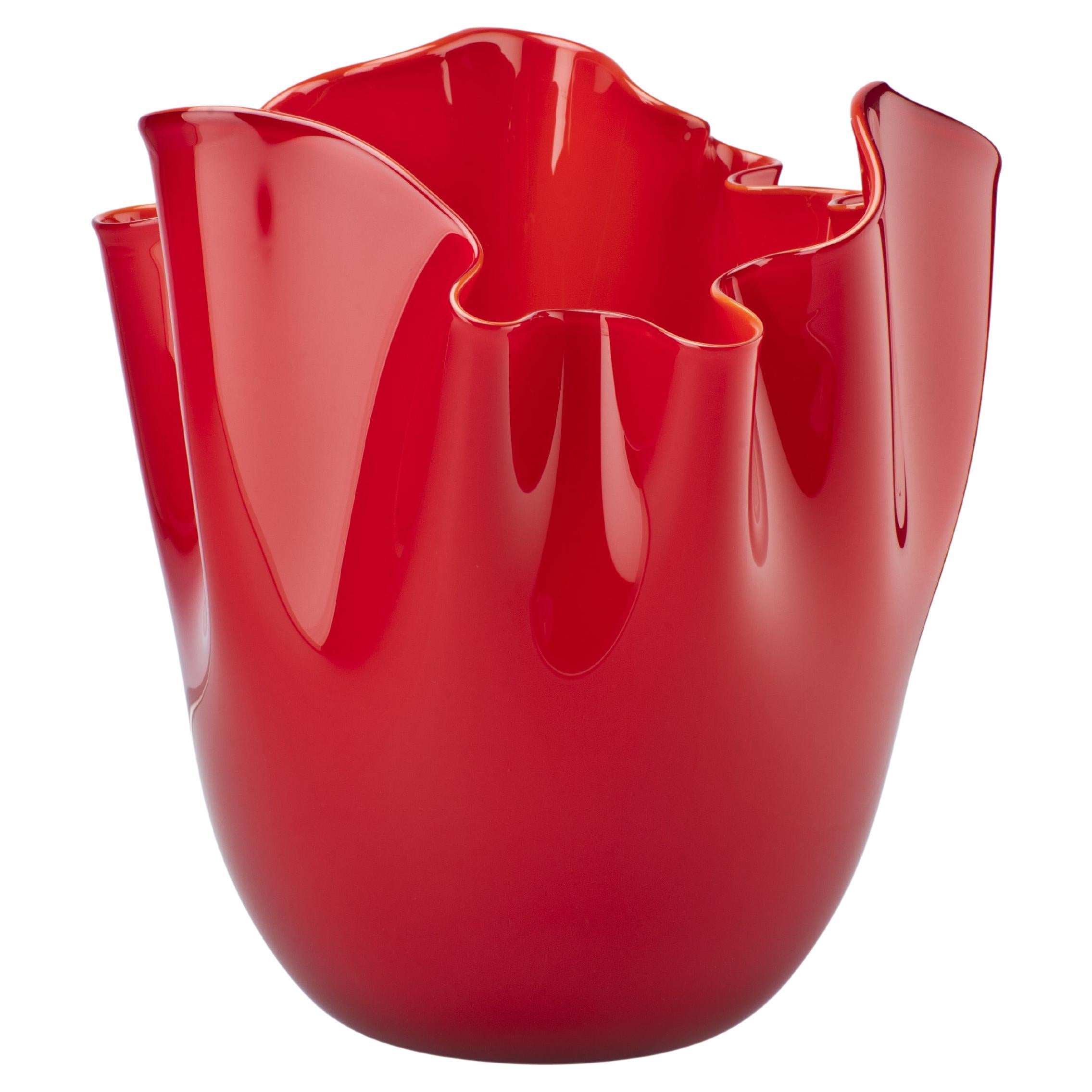 Venini Fazzoletto Opalino Medium Vase in Red Murano Glass For Sale