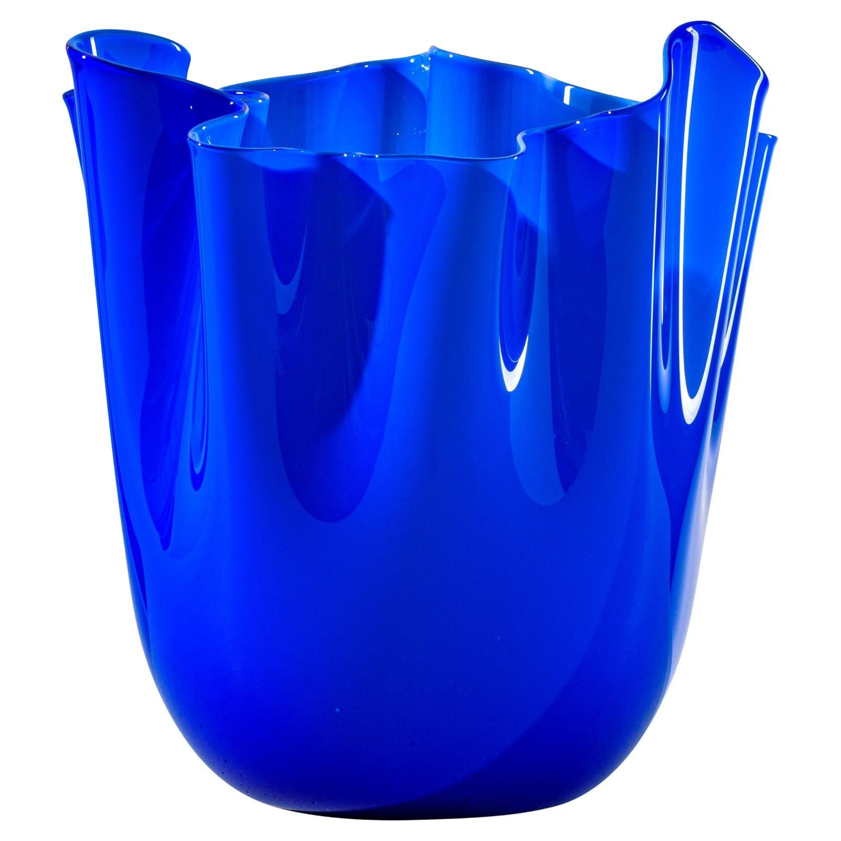 Venini Fazzoletto Opalino Medium Vase in Sapphire Murano Glass For Sale