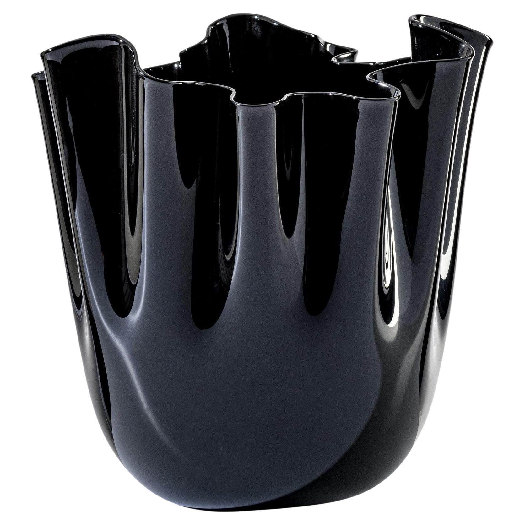 Venini Fazzoletto Opalino, schwarze Vase aus schwarzem Muranoglas, Venini