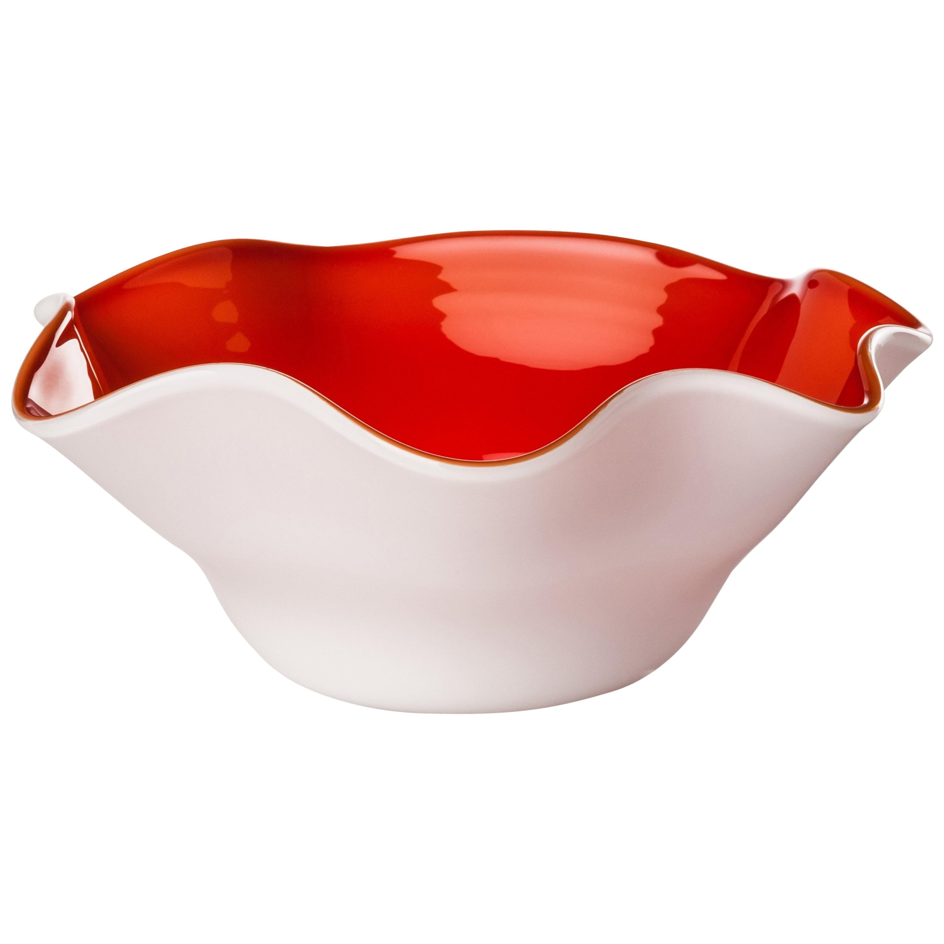 Venini Fazzoletto Ovale Bicolor Red & White Bowl by Fulvio Bianconi & Venini