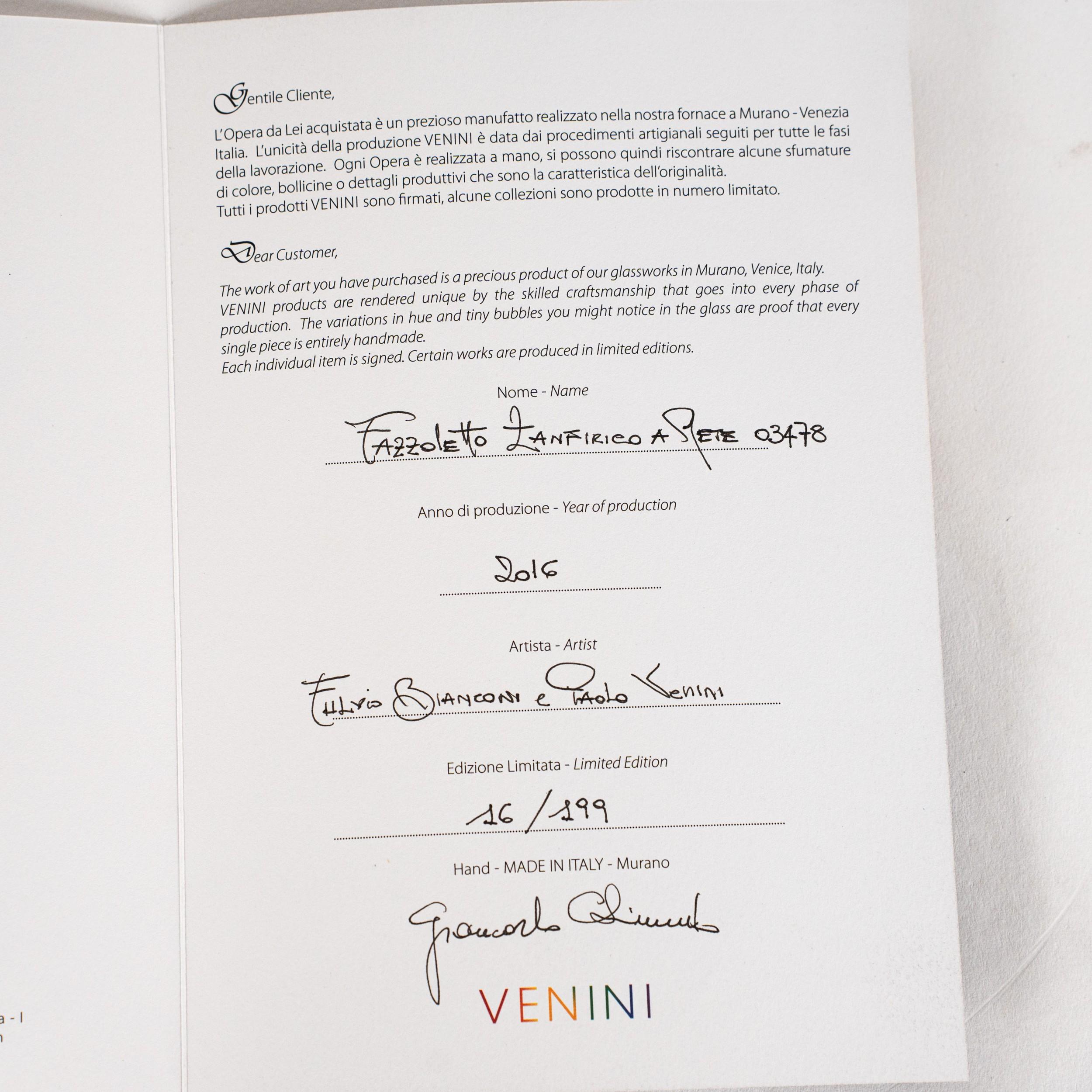 VENINI Fazzoletto Zanfirico en verre de Murano, édition limitée 16/199, 2016. en vente 3