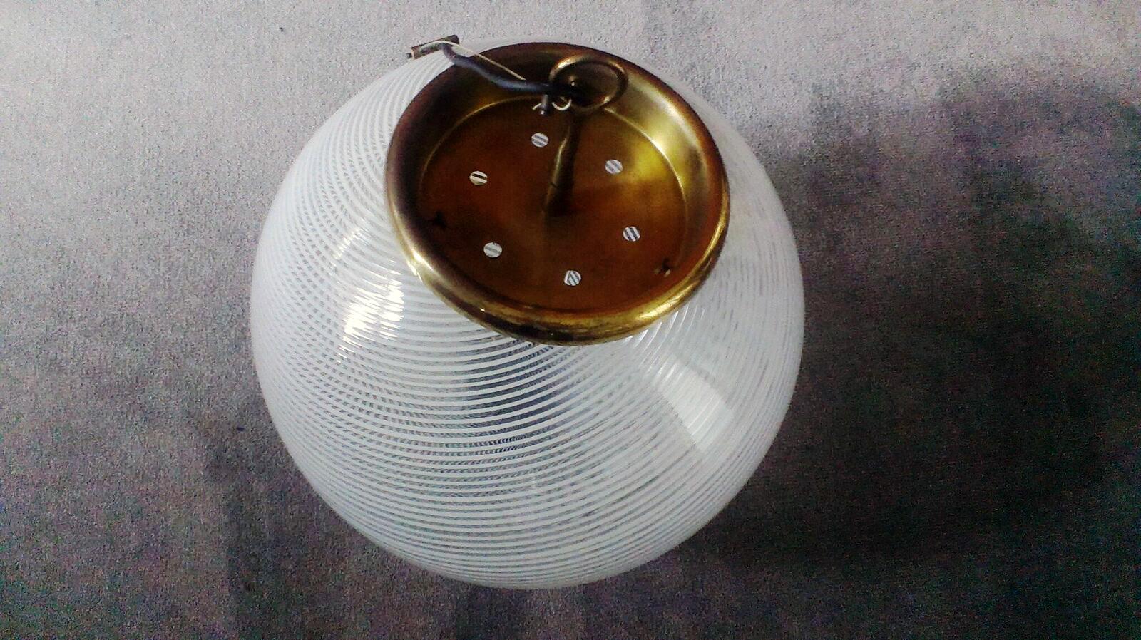 Mid-Century Modern Venini Filigree Blown Glass and Brass Italian Globe Pendant, 1950s