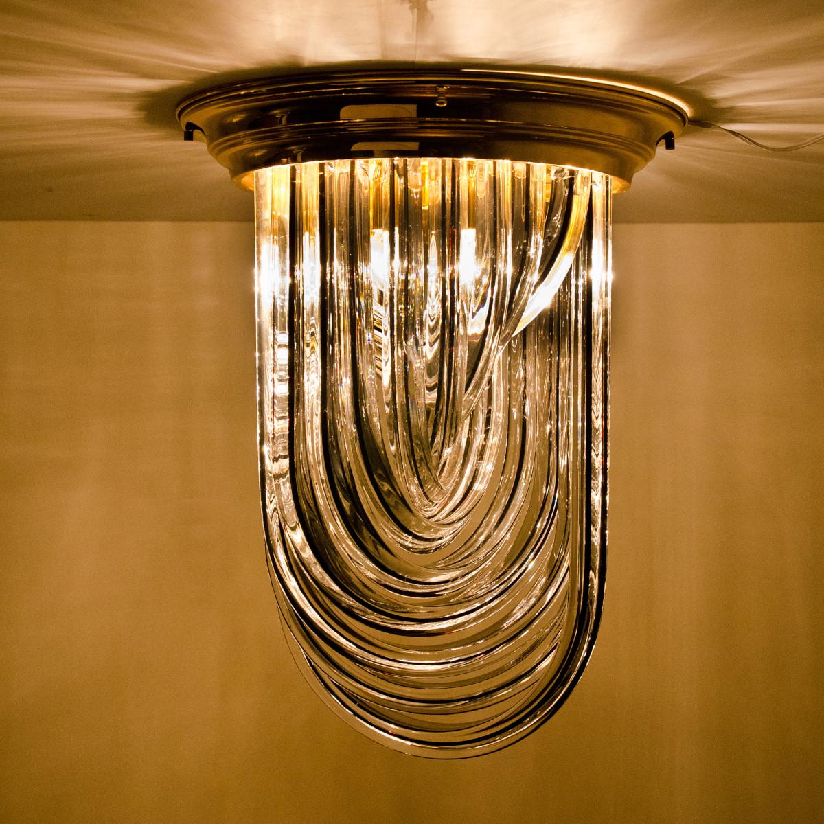 Mid-Century Modern Venini Flush Mount, Brass and Curve Glass with Black Stripe, 1970 For Sale
