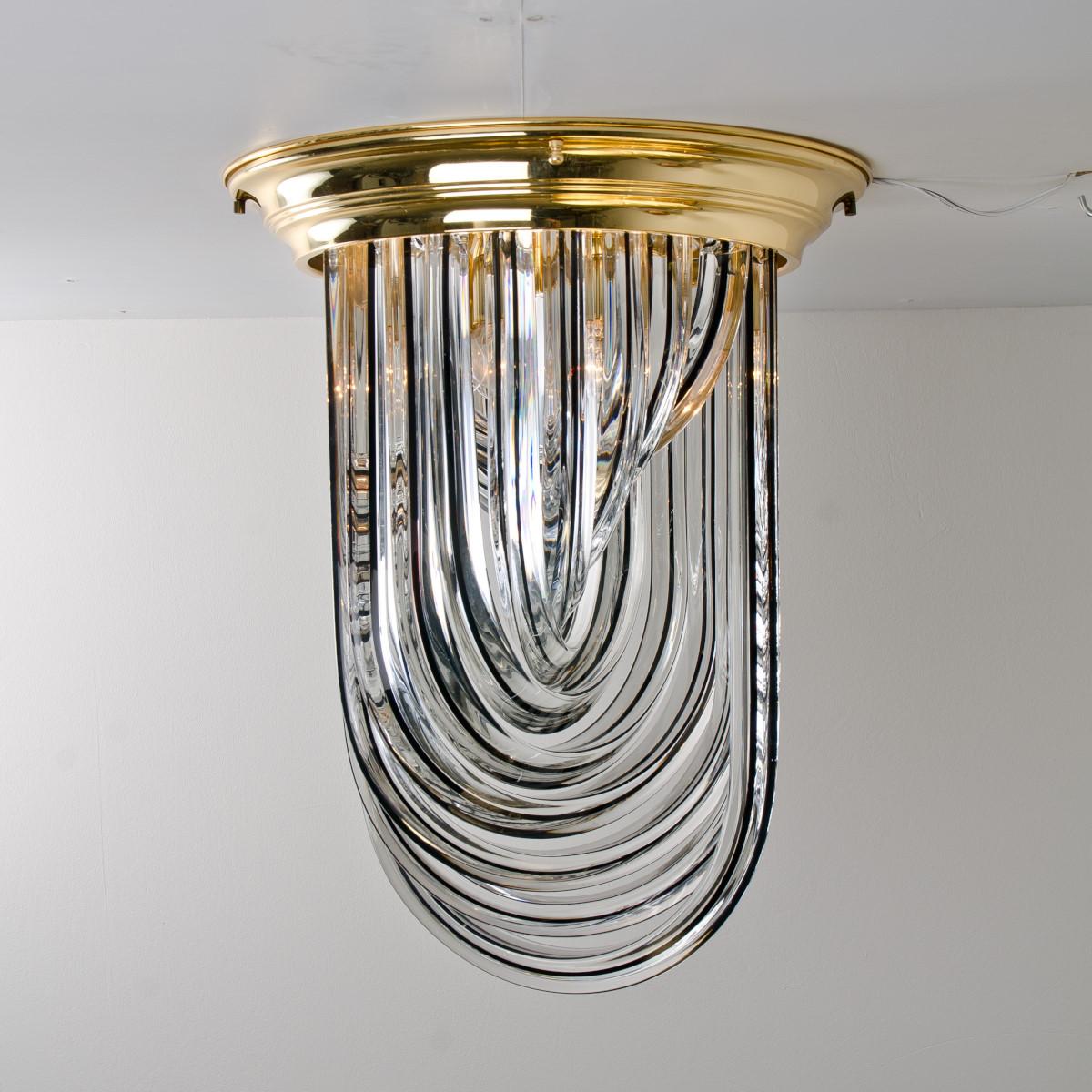 20th Century Venini Flush Mount, Brass and Curve Glass with Black Stripe, 1970 For Sale