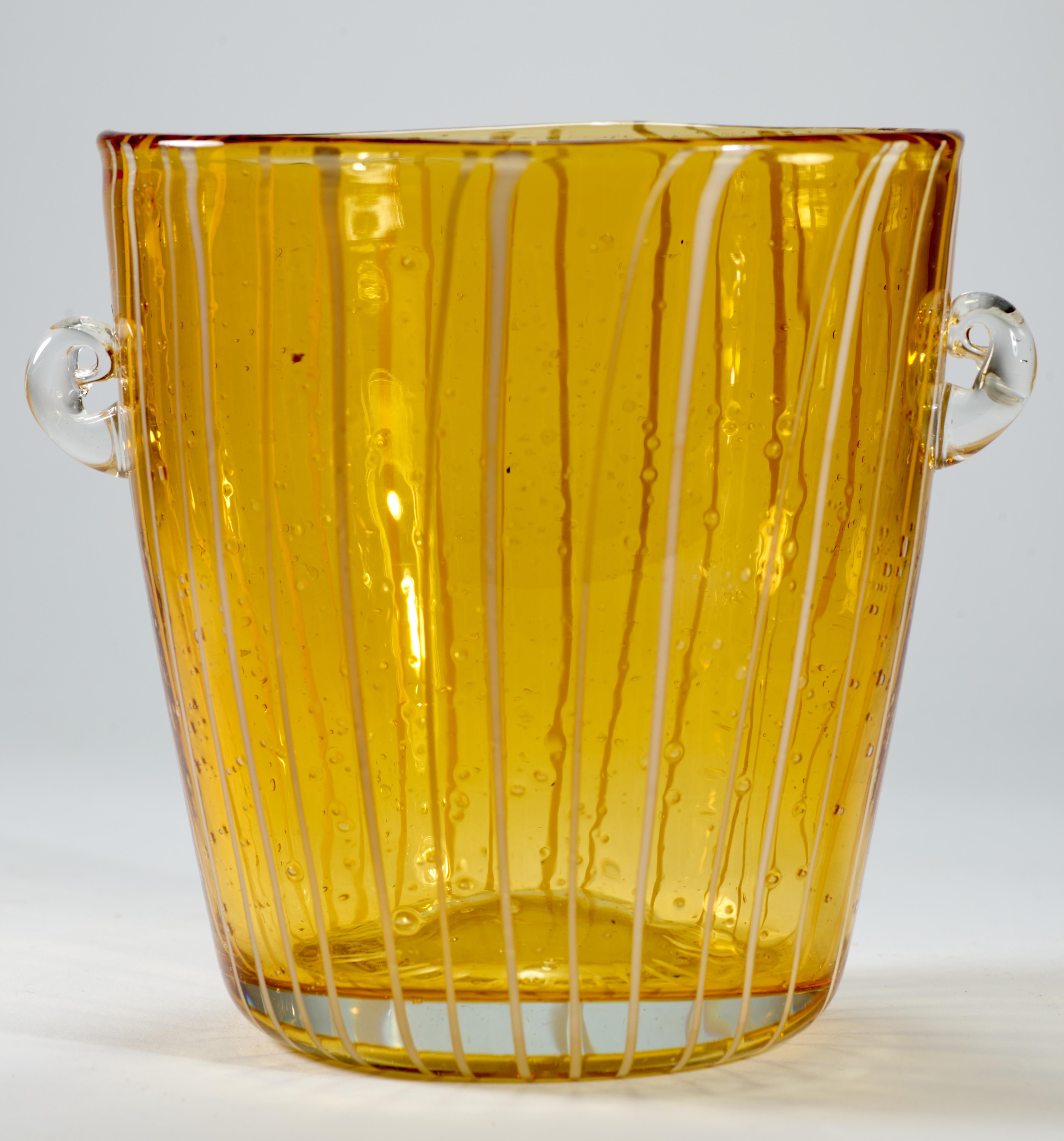 Hand-Crafted Venini for Disaronno Amber and White Fused Glass Ice Bucket, Murano Italy For Sale