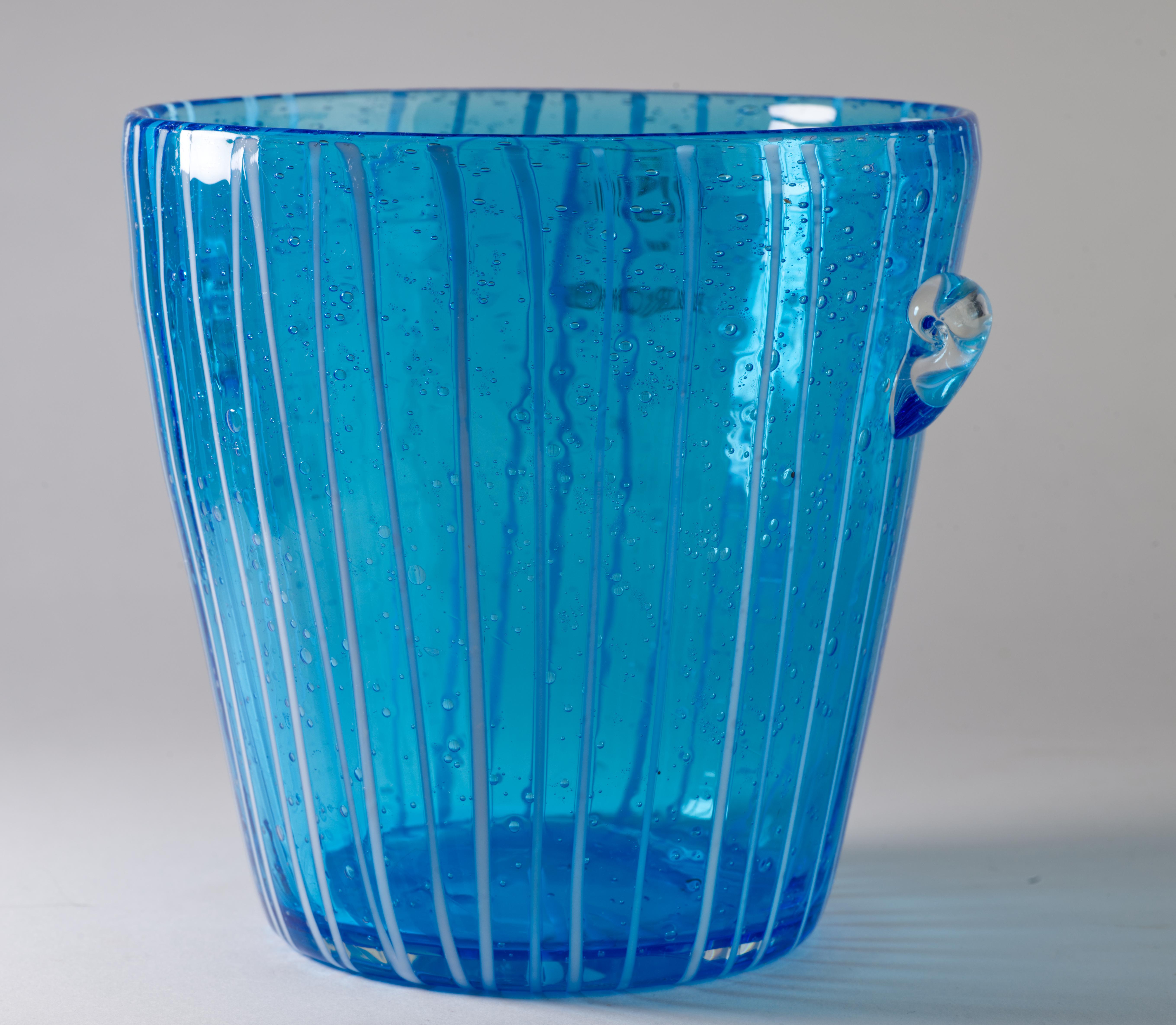 Post-Modern Venini for Disaronno Blue and White Fused Glass Ice Bucket, Murano Italy For Sale